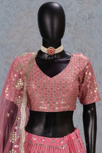 Pink Georgette Dual Tone Lehenga Choli For Indian & Pakistani Wedding Festival - Sequins Embroidery Work, Zari Work