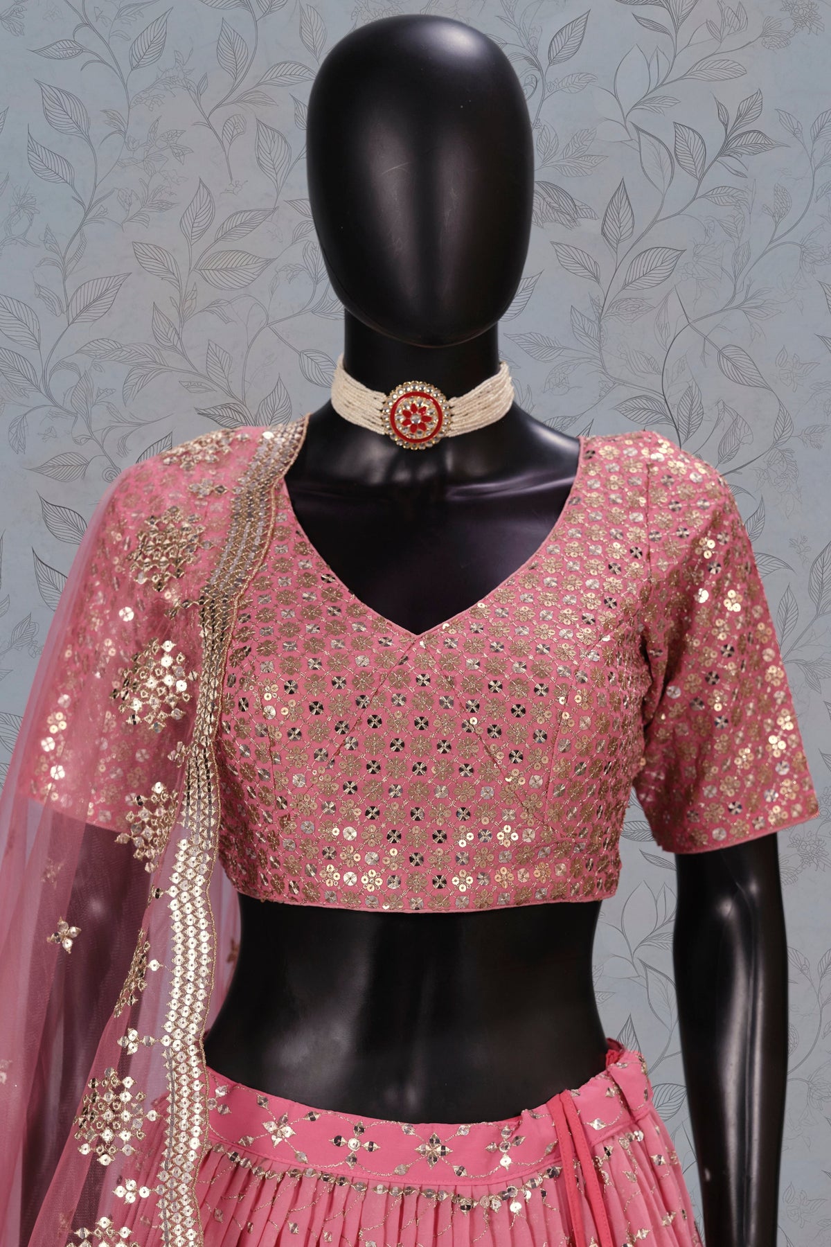 Pink Georgette Dual Tone Lehenga Choli For Indian & Pakistani Wedding Festival - Sequins Embroidery Work, Zari Work