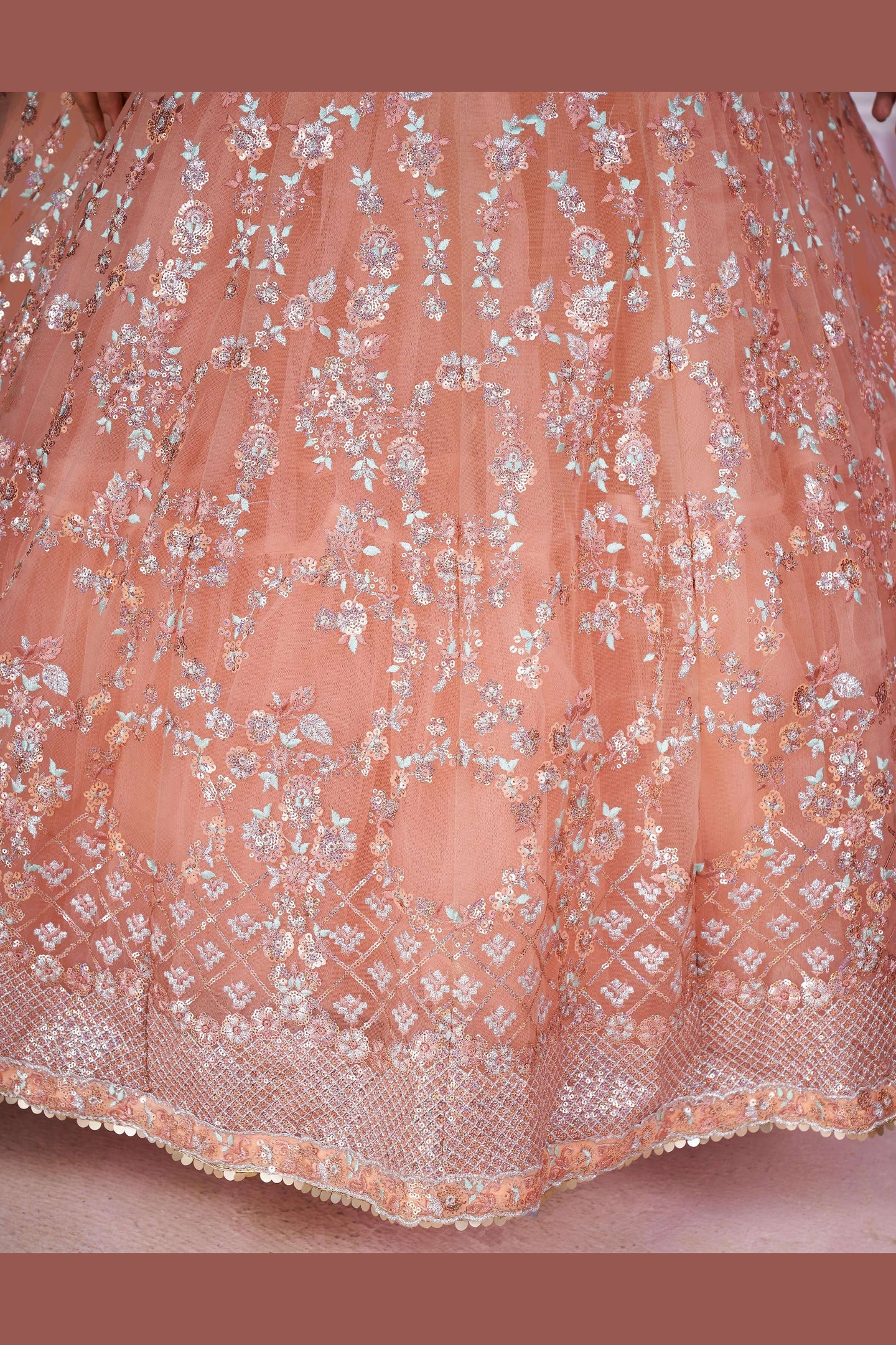 Peach Net Lehenga Choli For Indian & Pakistani Wedding Festival - Sequins & Thread Embroidery Work, Zari Work
