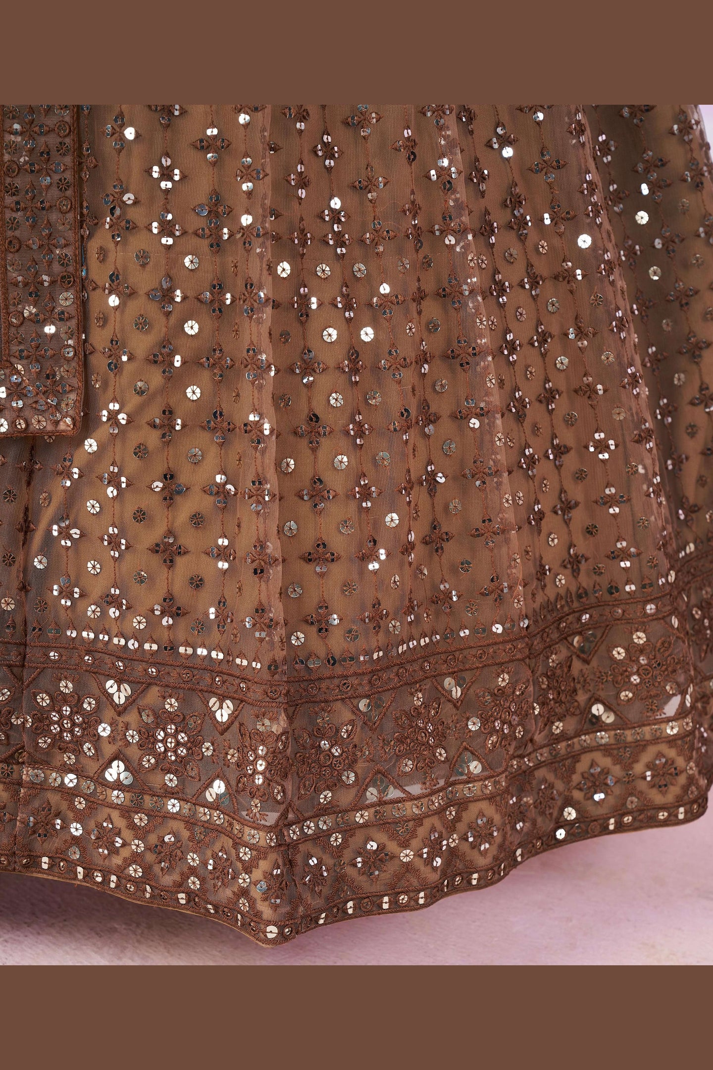 Brown Net Lehenga Choli For Indian & Pakistani Wedding Festival - Sequins & Thread Embroidery Work