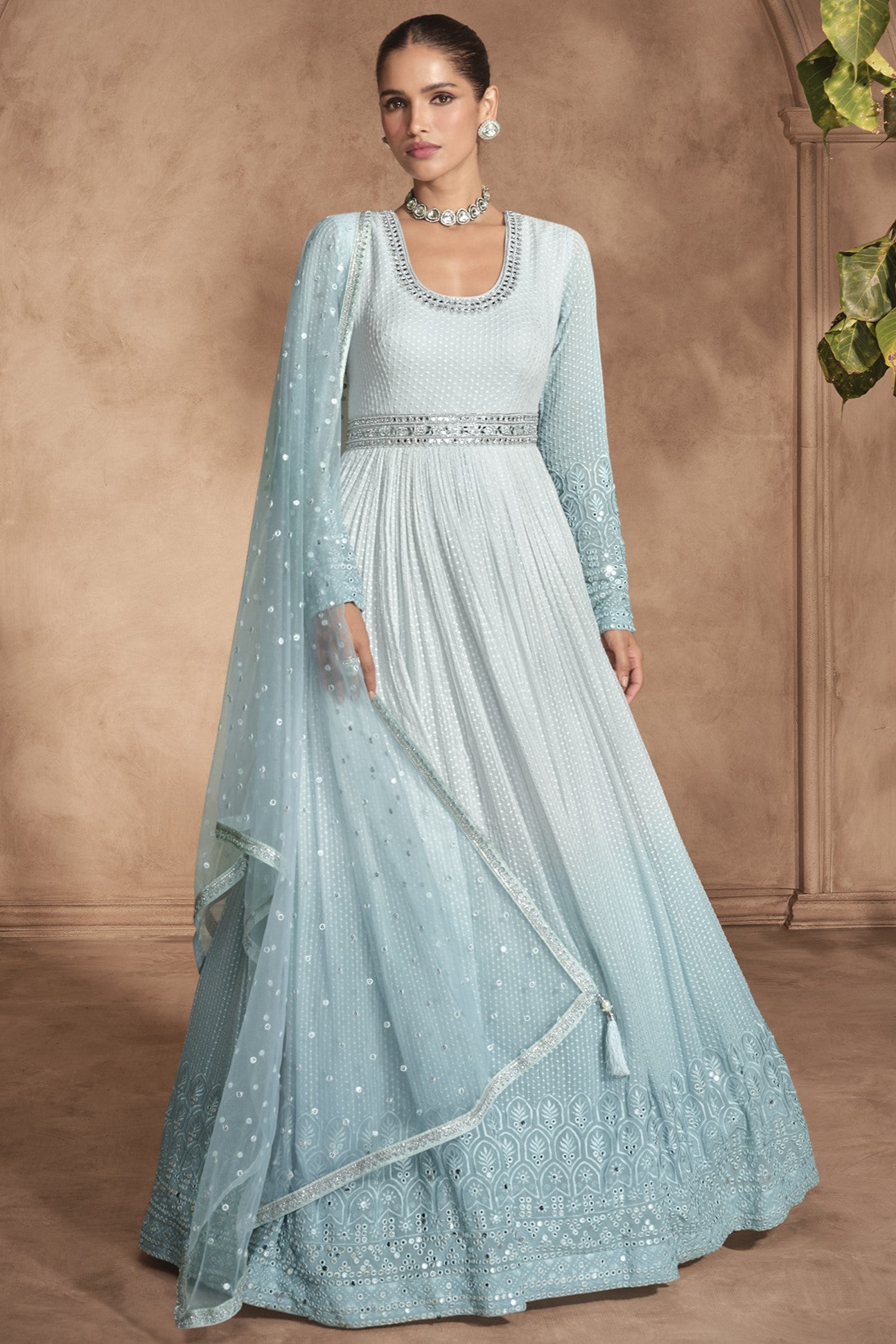 Sky Blue Dual Color Georgette Floor Full Length Anarkali Suit Dress For Indian Festivals & Weddings - Chikankari Embroidery Work