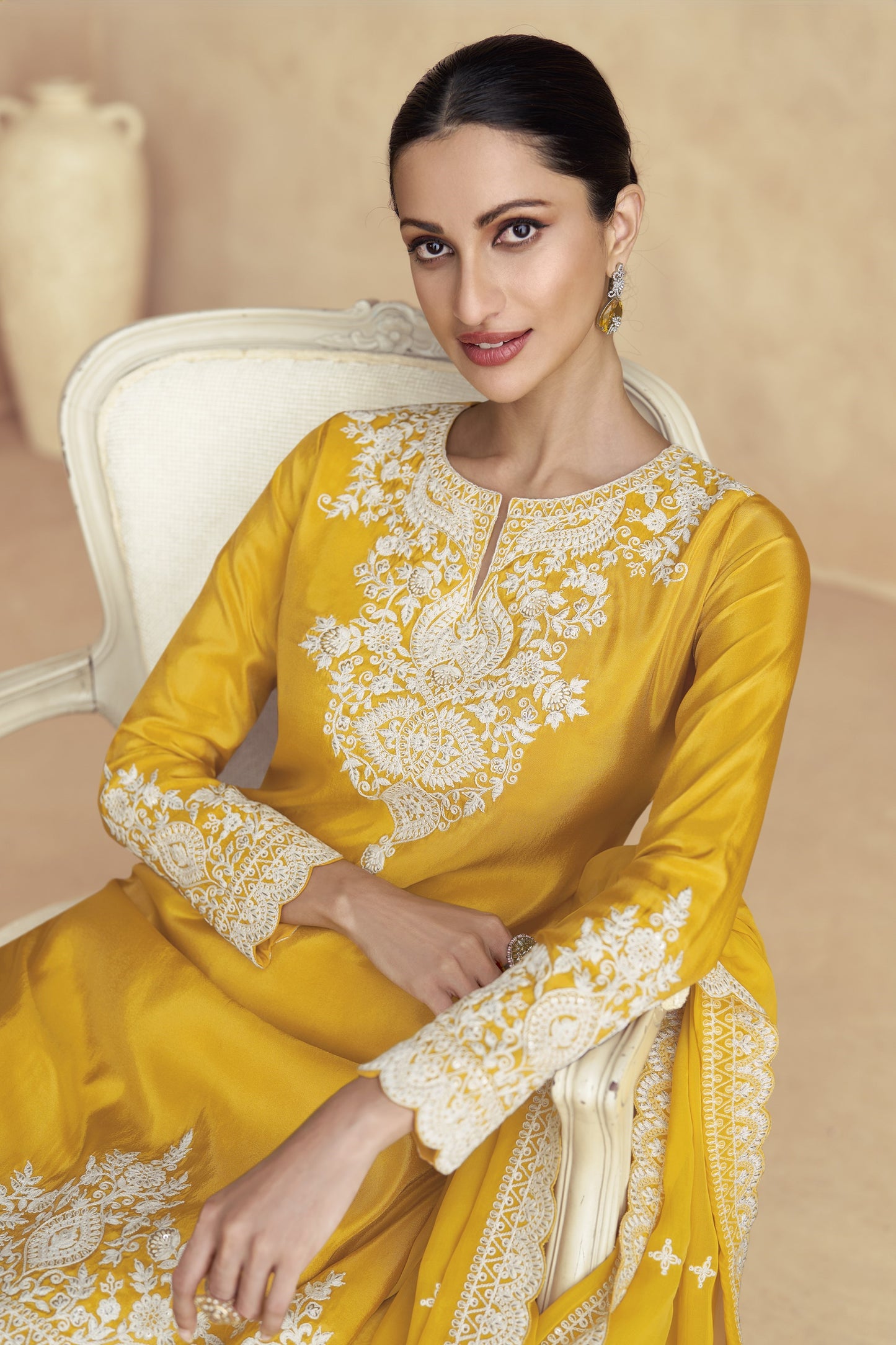 Yellow Simar Silk Sharara Suit Dress For Indian Festivals & Pakistani Weddings - Thread Embroidery Work