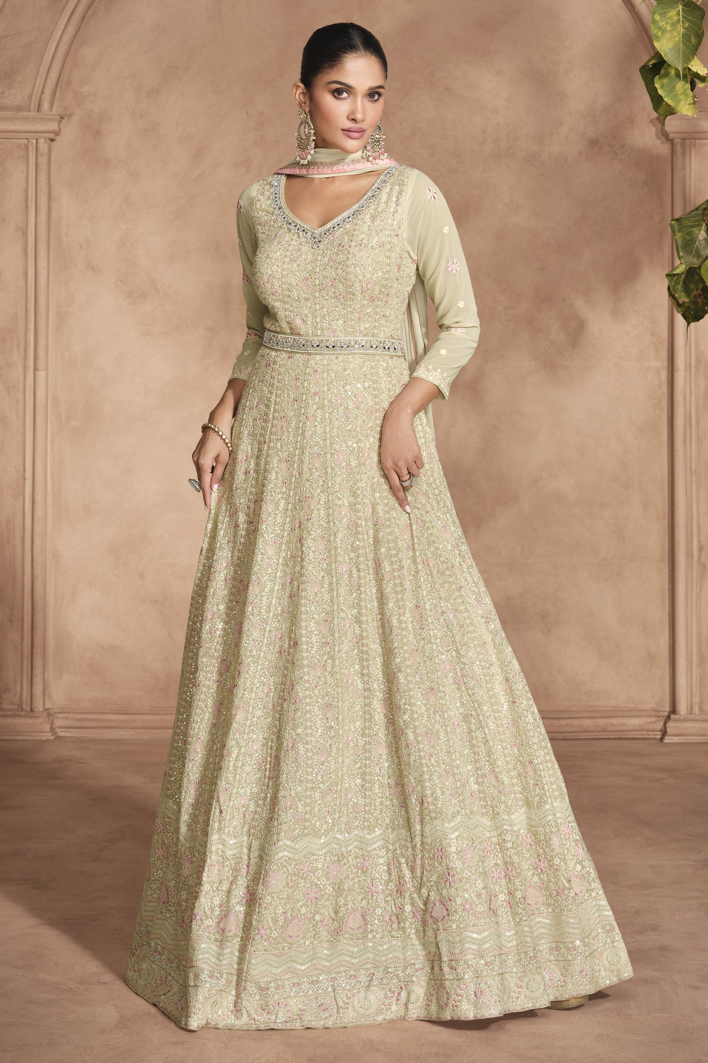 Cream Georgette Full Floor Length Anarkali Suits For Pakistani Festivals & Weddings - Chikankari Embroidery Work