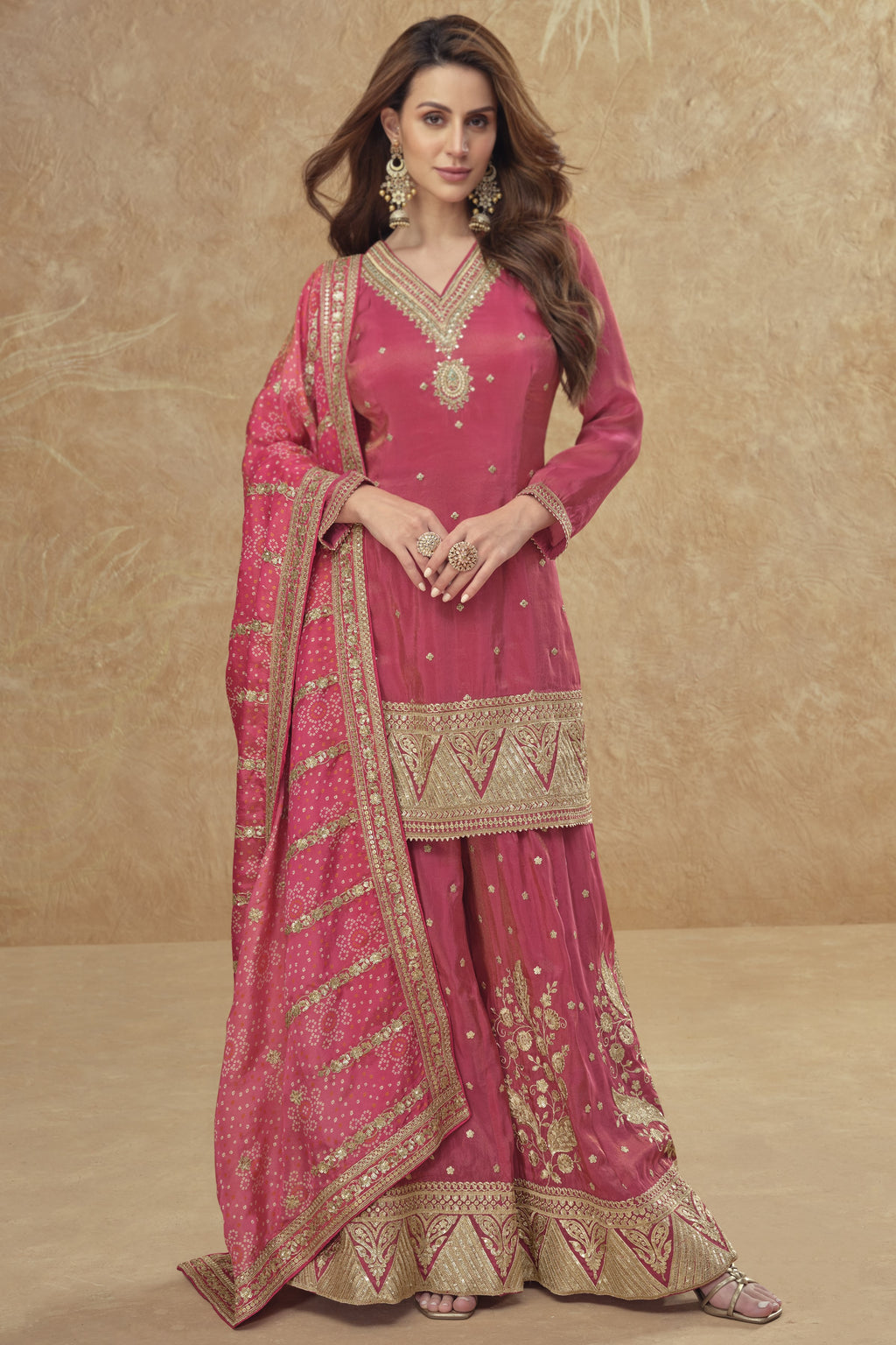 Red Simar Silk Plazo Suit For Indian Festivals & Weddings - Embroidery Work, Print Work