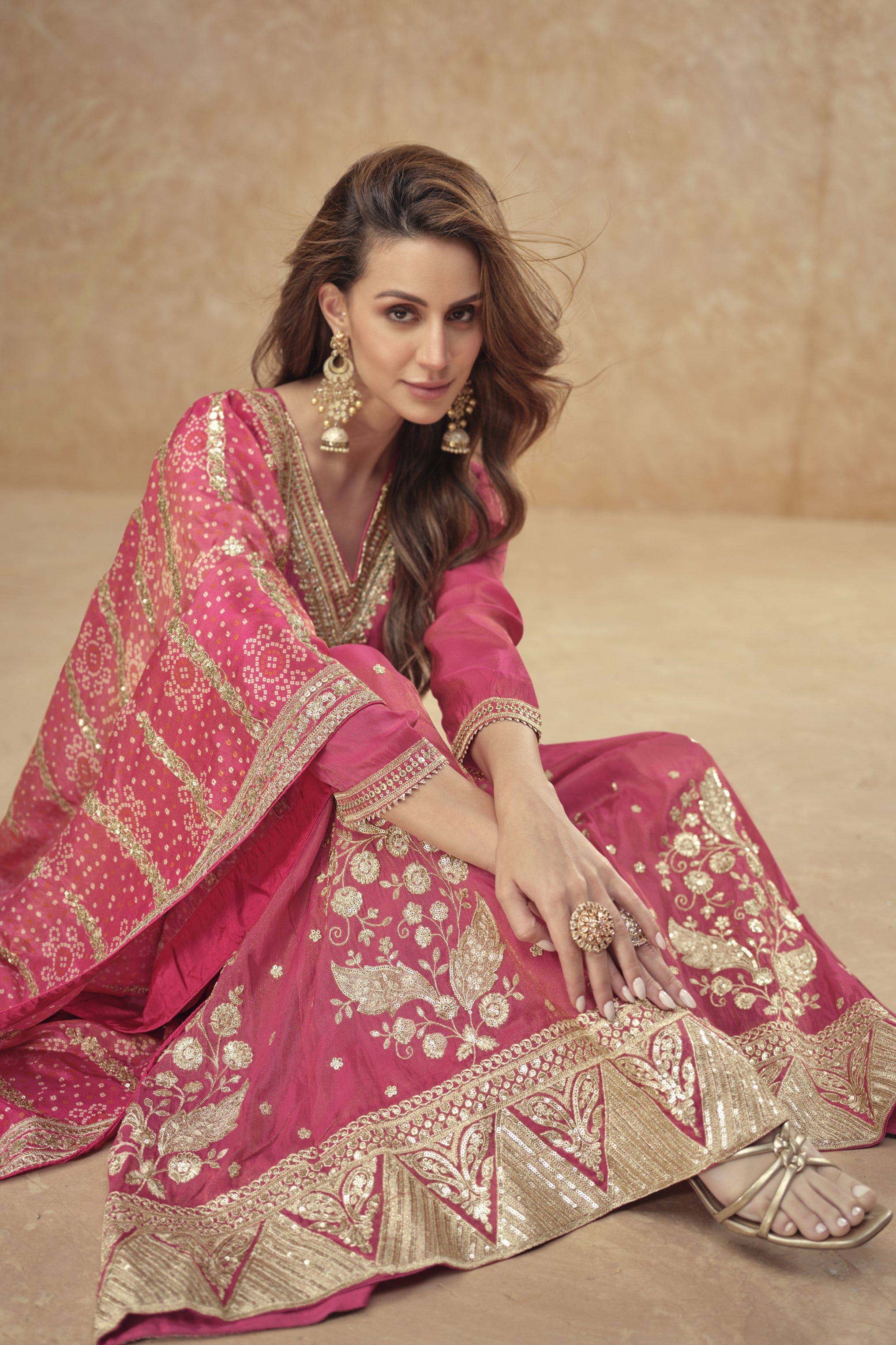 Red Simar Silk Plazo Suit For Indian Festivals & Weddings - Embroidery Work, Print Work