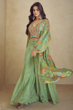 Green Chinon Silk Plazo Choli With Jacket For Indian & Pakistani Weddings Festival - Embroidery Work, Print Work