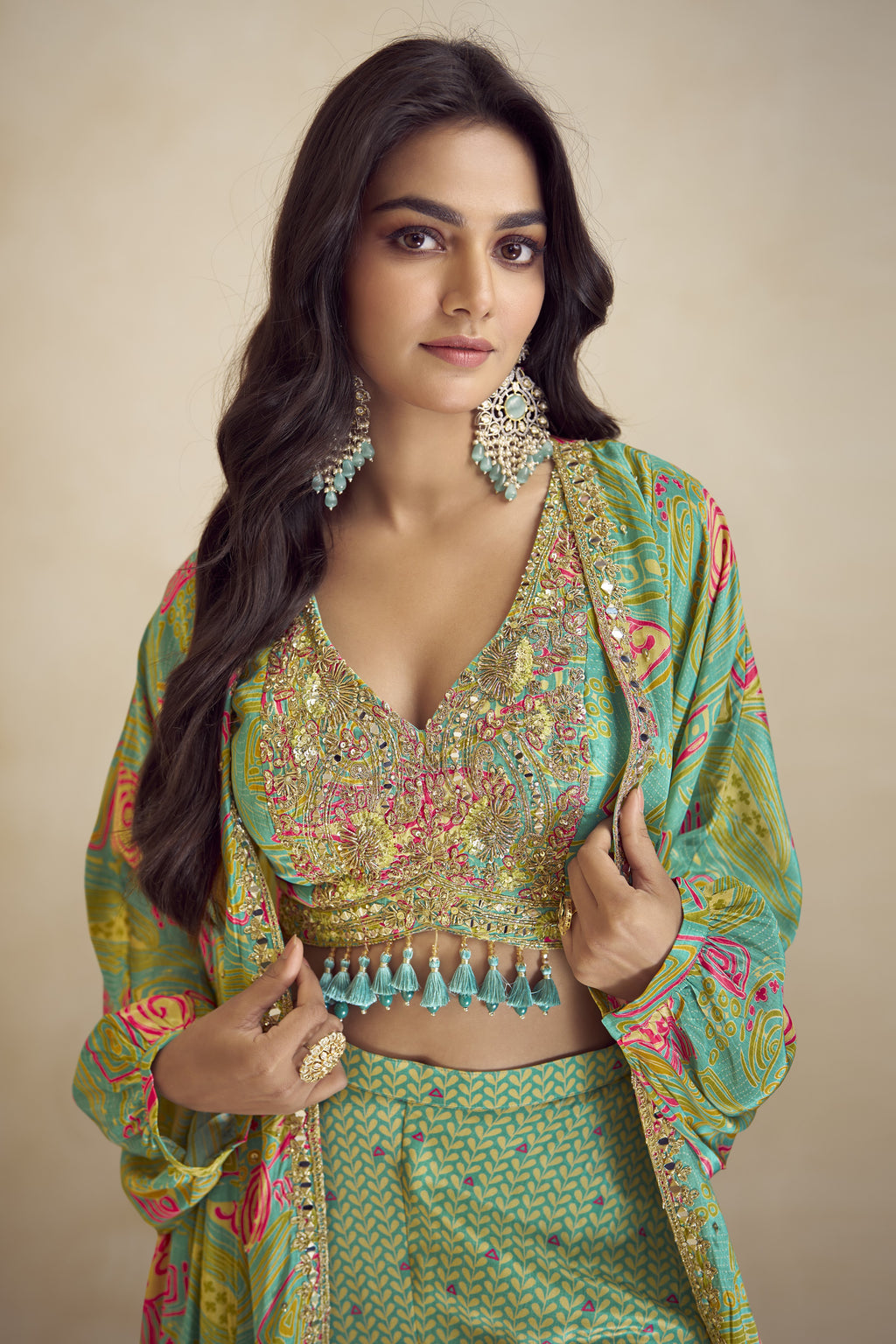 Green Chinon Silk Plazo Choli With Jacket For Indian & Pakistani Weddings Festival - Embroidery Work, Print Work