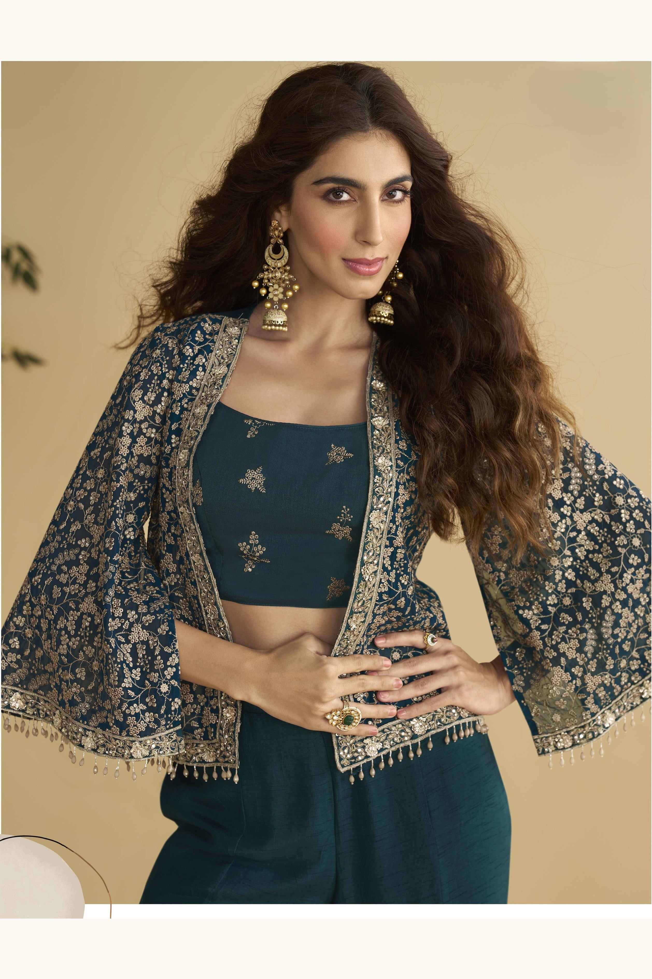 Teal Chinon Silk Palazzo Choli With Jacket For Indian & Pakistani Wedding Festival - Embroidery Work