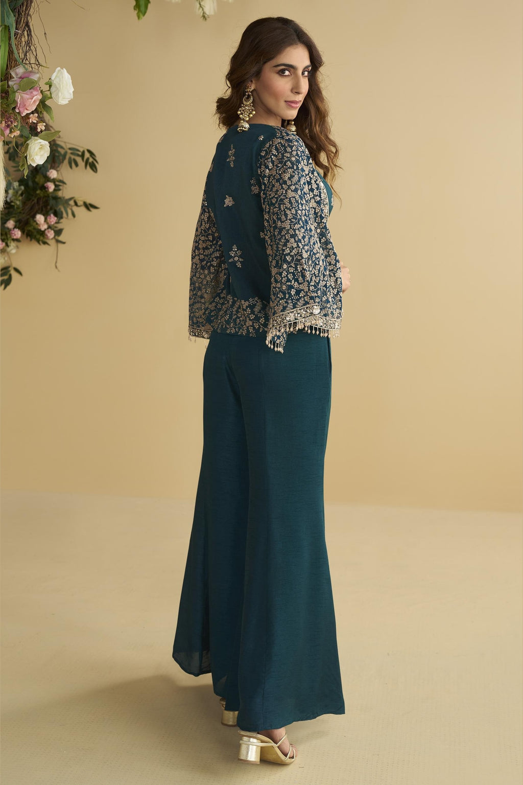 Teal Chinon Silk Palazzo Choli With Jacket For Indian & Pakistani Wedding Festival - Embroidery Work