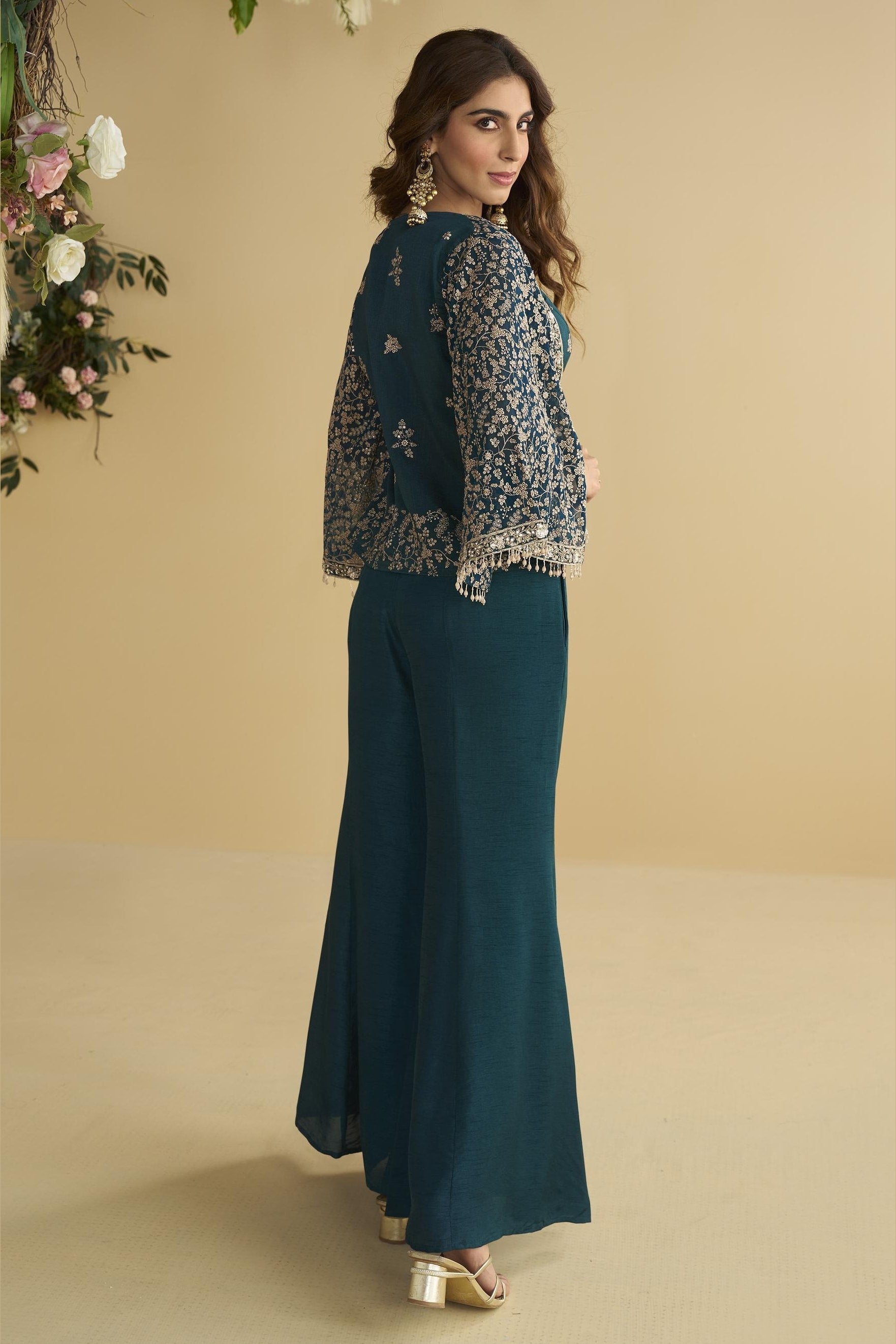 Teal Chinon Silk Palazzo Choli With Jacket For Indian & Pakistani Wedding Festival - Embroidery Work