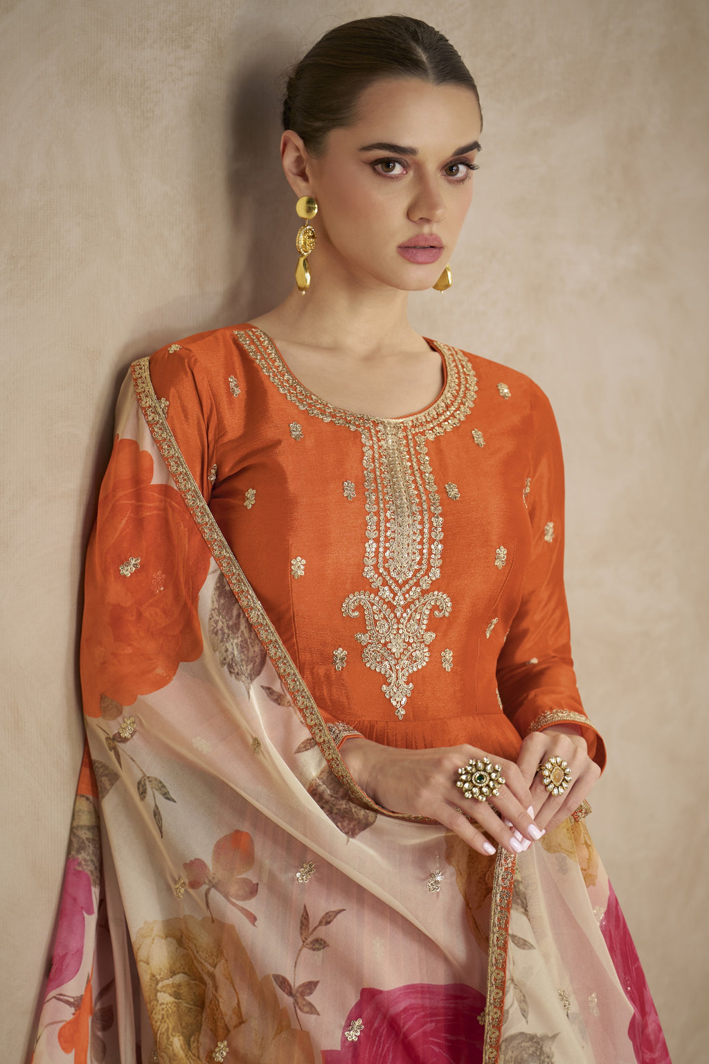 Orange Chinon Silk Anarkali Suit For Indian & Pakistani Wedding Festival - Thread & Sequence Embroidery Work, Print Work