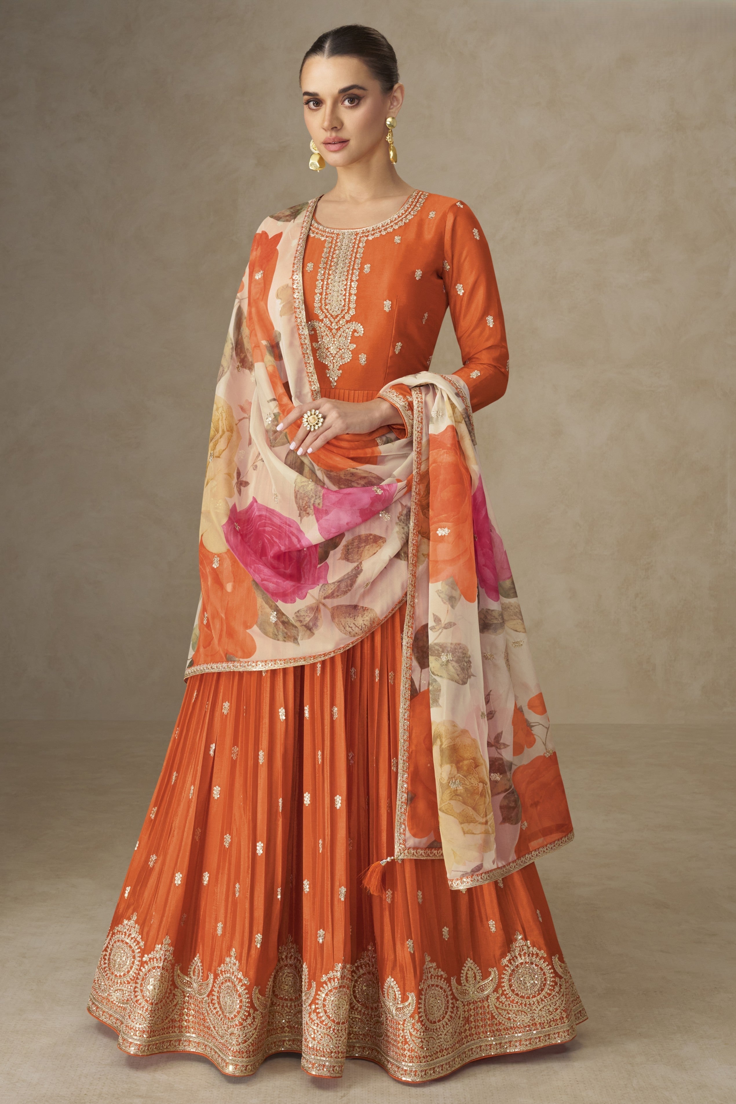 Orange Chinon Silk Anarkali Suit For Indian & Pakistani Wedding Festival - Thread & Sequence Embroidery Work, Print Work
