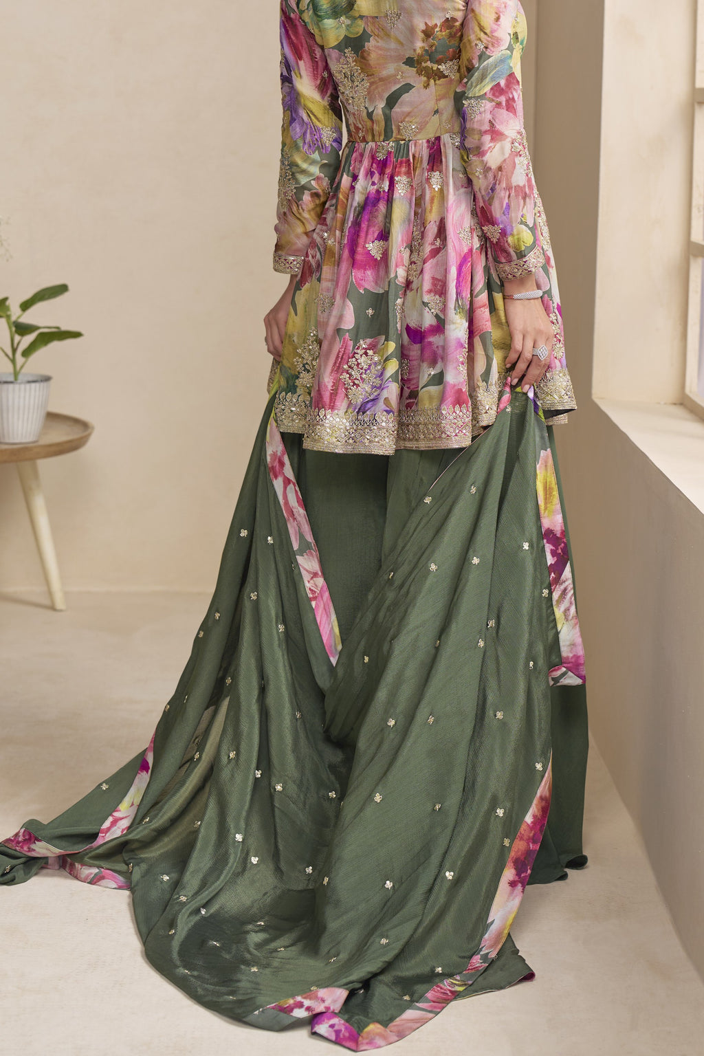 Green Chinon Silk Floral Plazo Suit For Indian & Pakistani Wedding Festival - Thread & Sequins Embroidery Work, Print Work