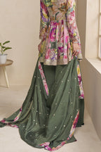 Green Chinon Silk Floral Plazo Suit For Indian & Pakistani Wedding Festival - Thread & Sequins Embroidery Work, Print Work