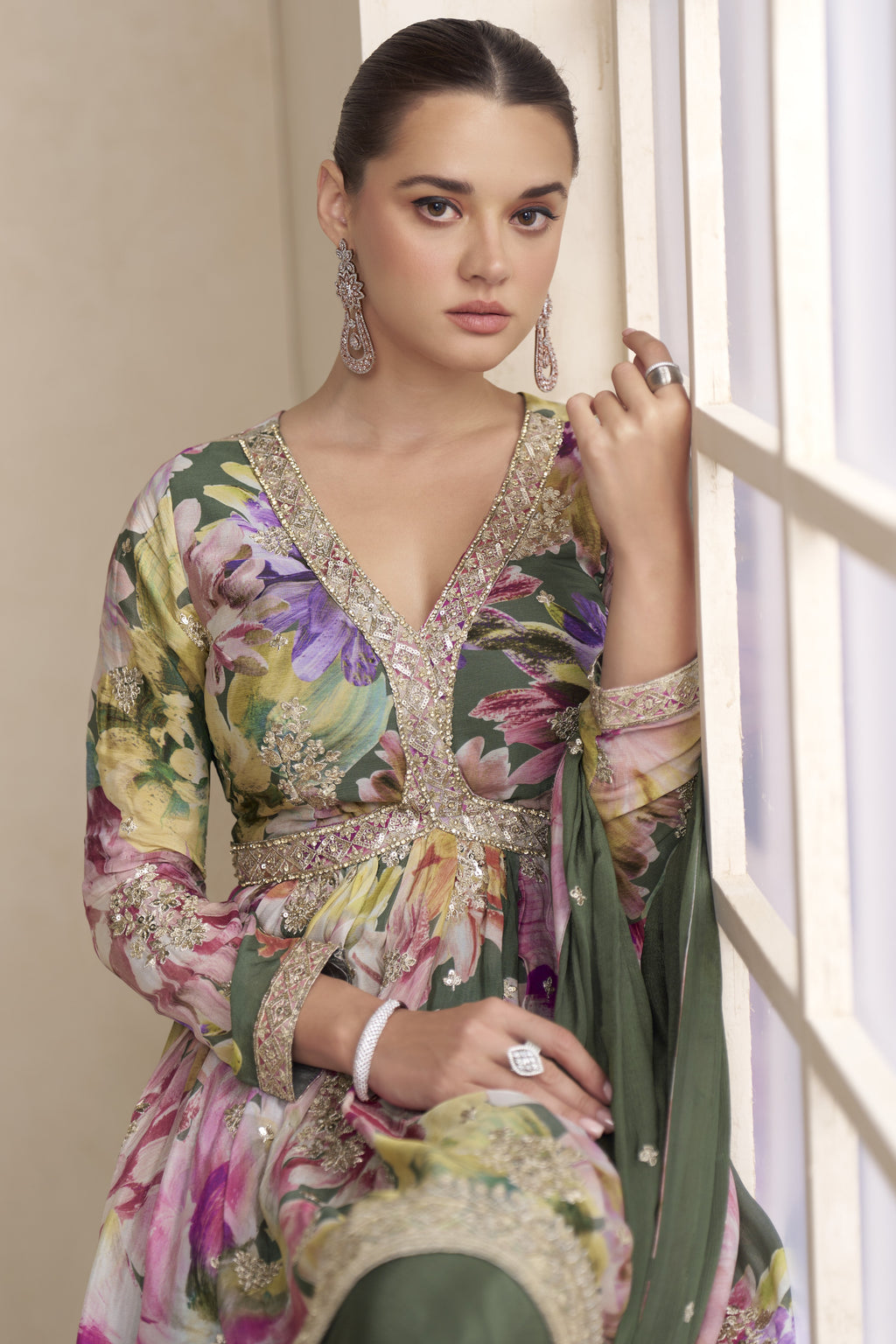 Green Chinon Silk Floral Plazo Suit For Indian & Pakistani Wedding Festival - Thread & Sequins Embroidery Work, Print Work