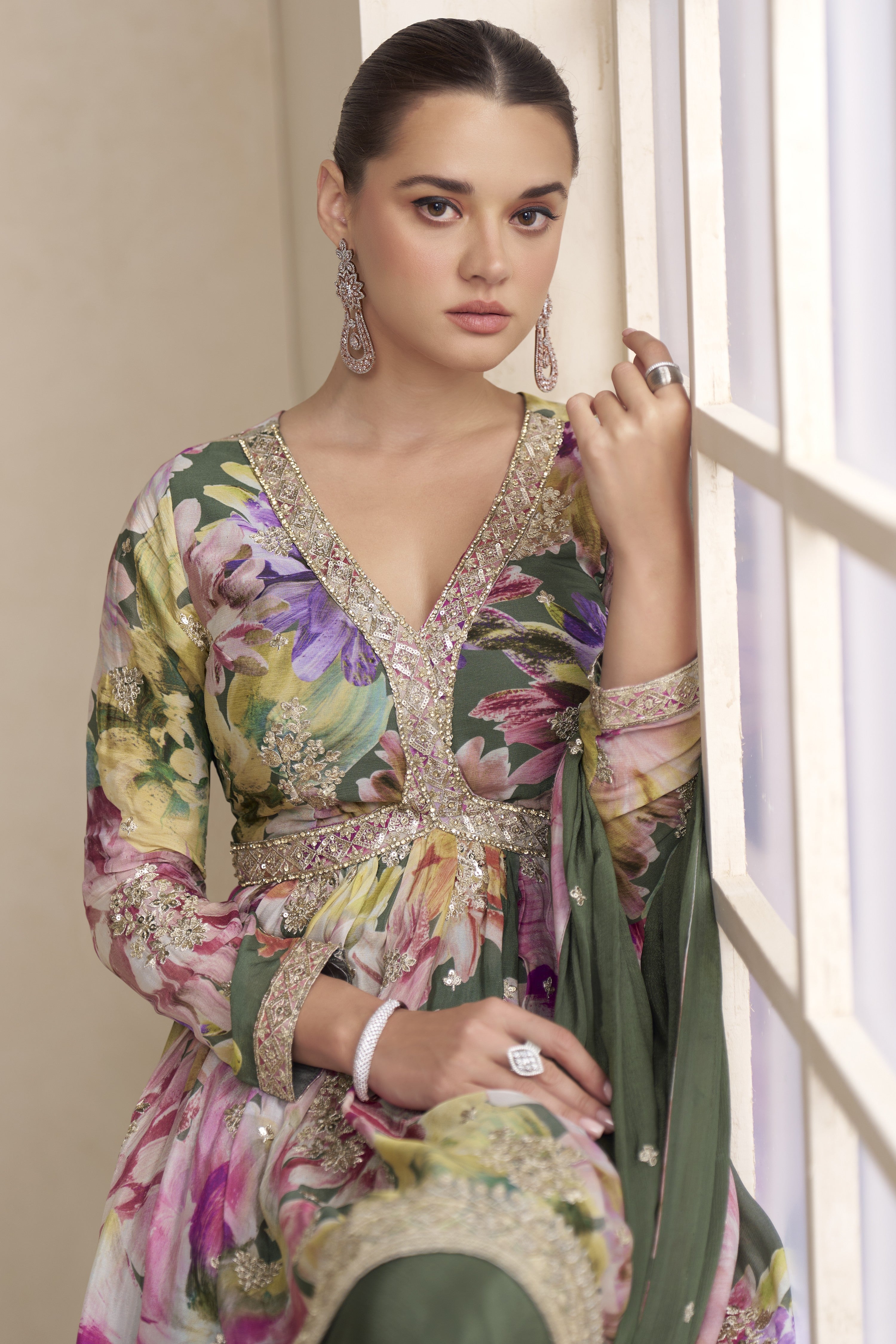 Green Chinon Silk Floral Plazo Suit For Indian & Pakistani Wedding Festival - Thread & Sequins Embroidery Work, Print Work