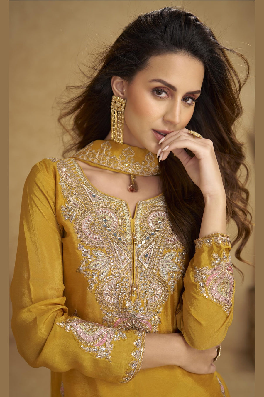 Mustard Chinon Silk Plazo Suit For Indian & Pakistani Wedding Festival - Thread & Sequins Embroidery Work
