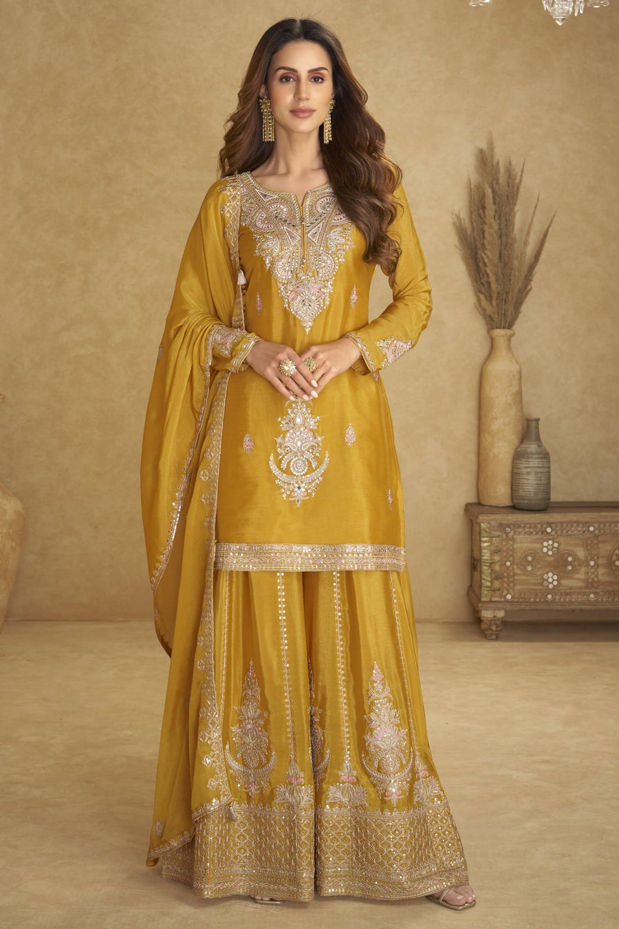Mustard Chinon Silk Plazo Suit For Indian & Pakistani Wedding Festival - Thread & Sequins Embroidery Work