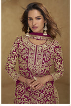 Embroidered Suit for Womens | Red Georgette Sequin Plazo Set
