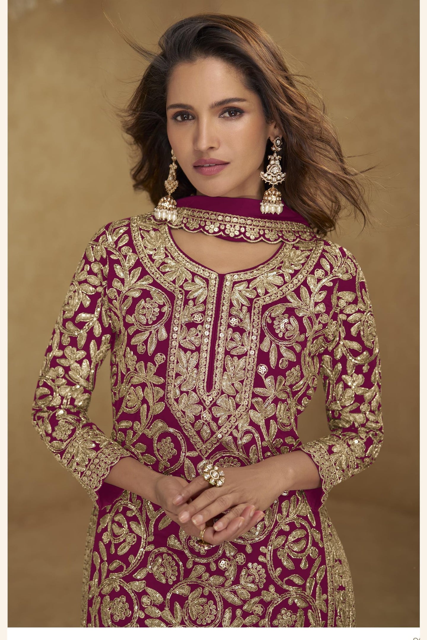 Embroidered Suit for Womens | Red Georgette Sequin Plazo Set