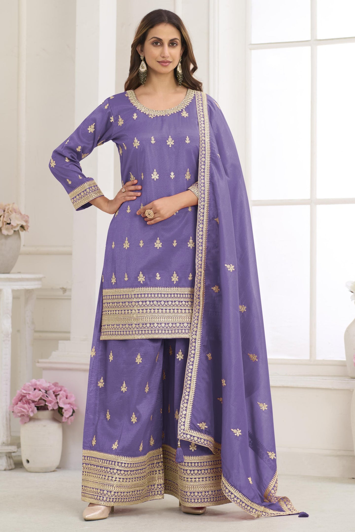 Purple Embroidered Indian Suit in Simmer Silk Palazzo
