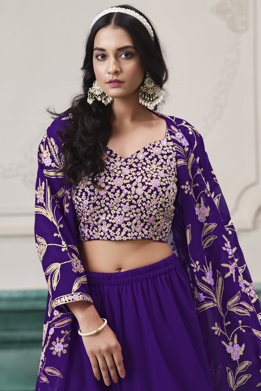 Purple Georgette Palazzo with Choli & Jacket For Wedding & Indian Festival - Embroidery Work