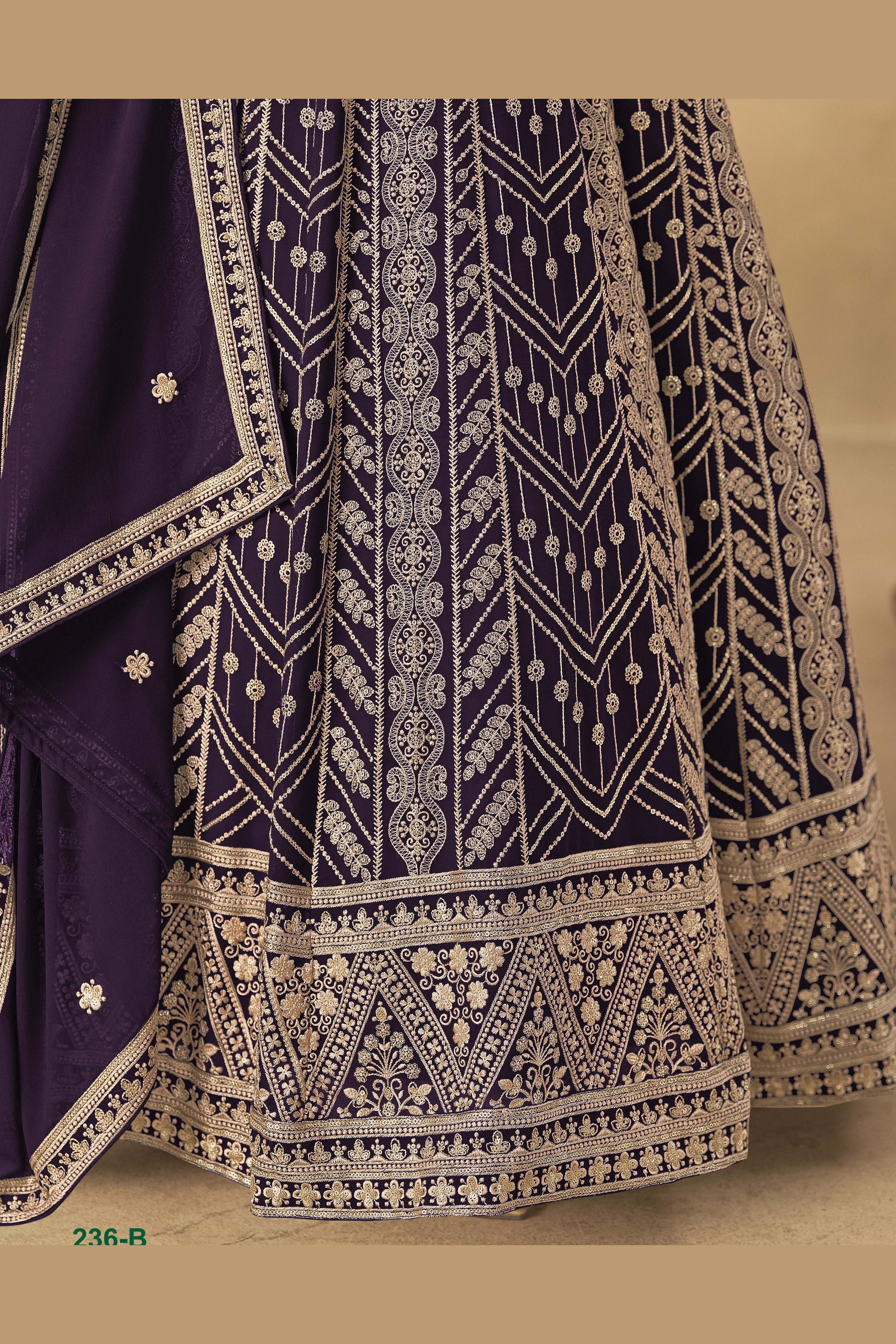 Wine Georgette Anarkali Suit For Indian & Pakistani Wedding Festival - Thread & Sequins Embroidery Work