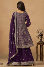 Purple Georgette Plazo Suit For Indian & Pakistani Wedding Festival - Thread & Sequins Embroidery Work
