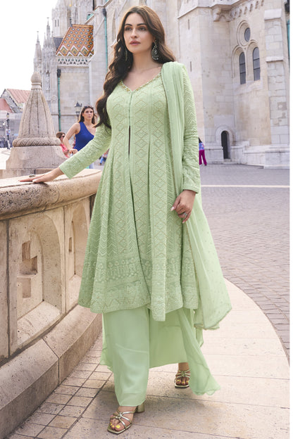 Light Green Georgette Palazzo Suit Dress For Indian Festivals & Pakistani Weddings - Embroidery Work