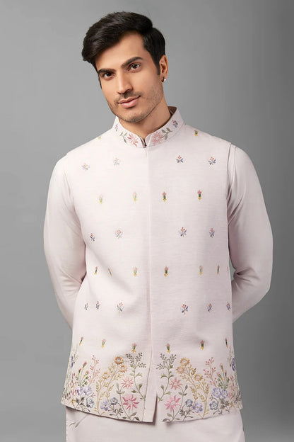 Light Pink Linen Men's Wedding Suit Kurta with Waistcoat & Pant - Embroidery Work