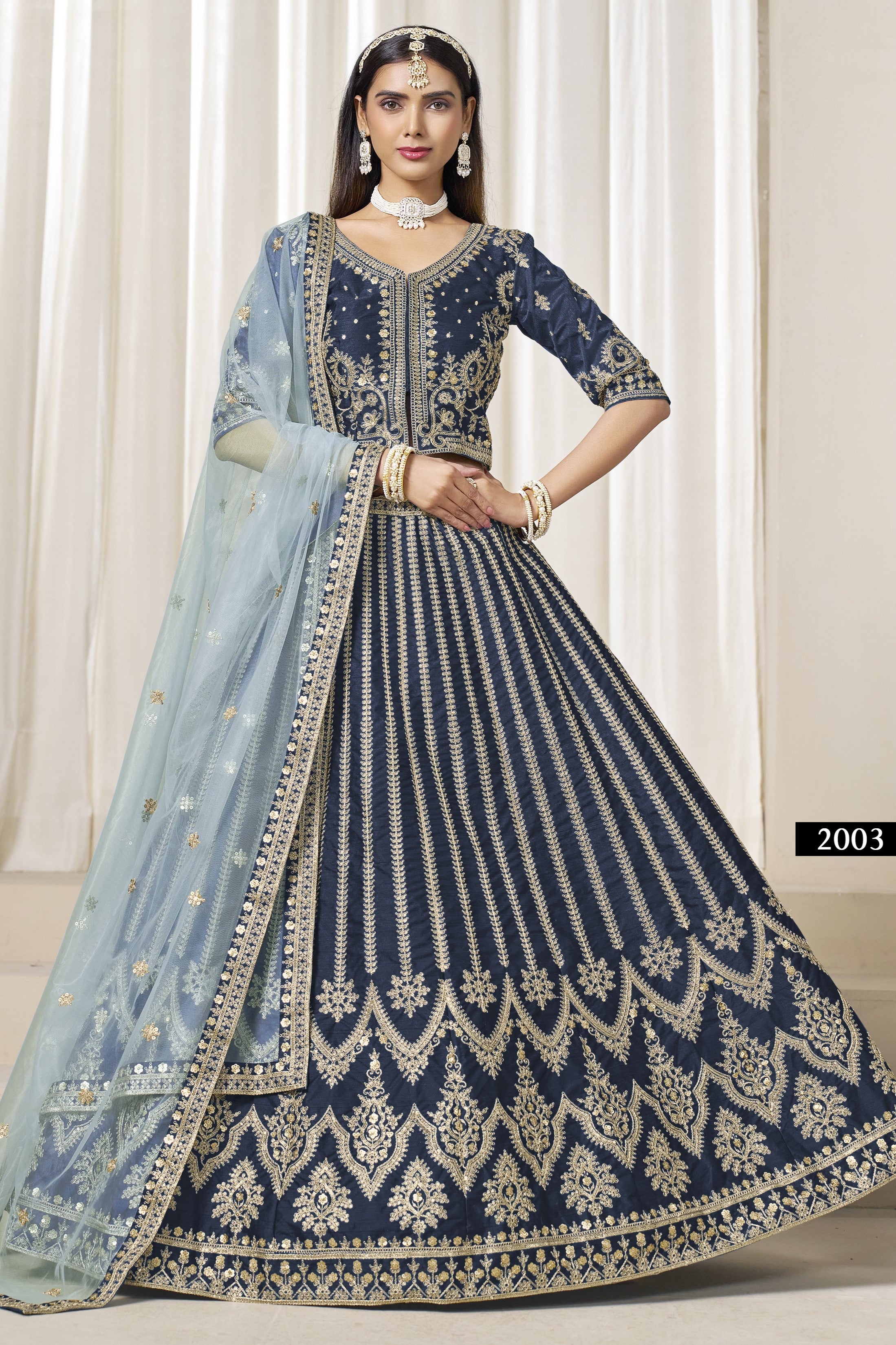 Navy Blue Art Silk Lehenga Choli For Indian & Pakistani Wedding Festival - Thread Embroidery Work, Embroidery Work
