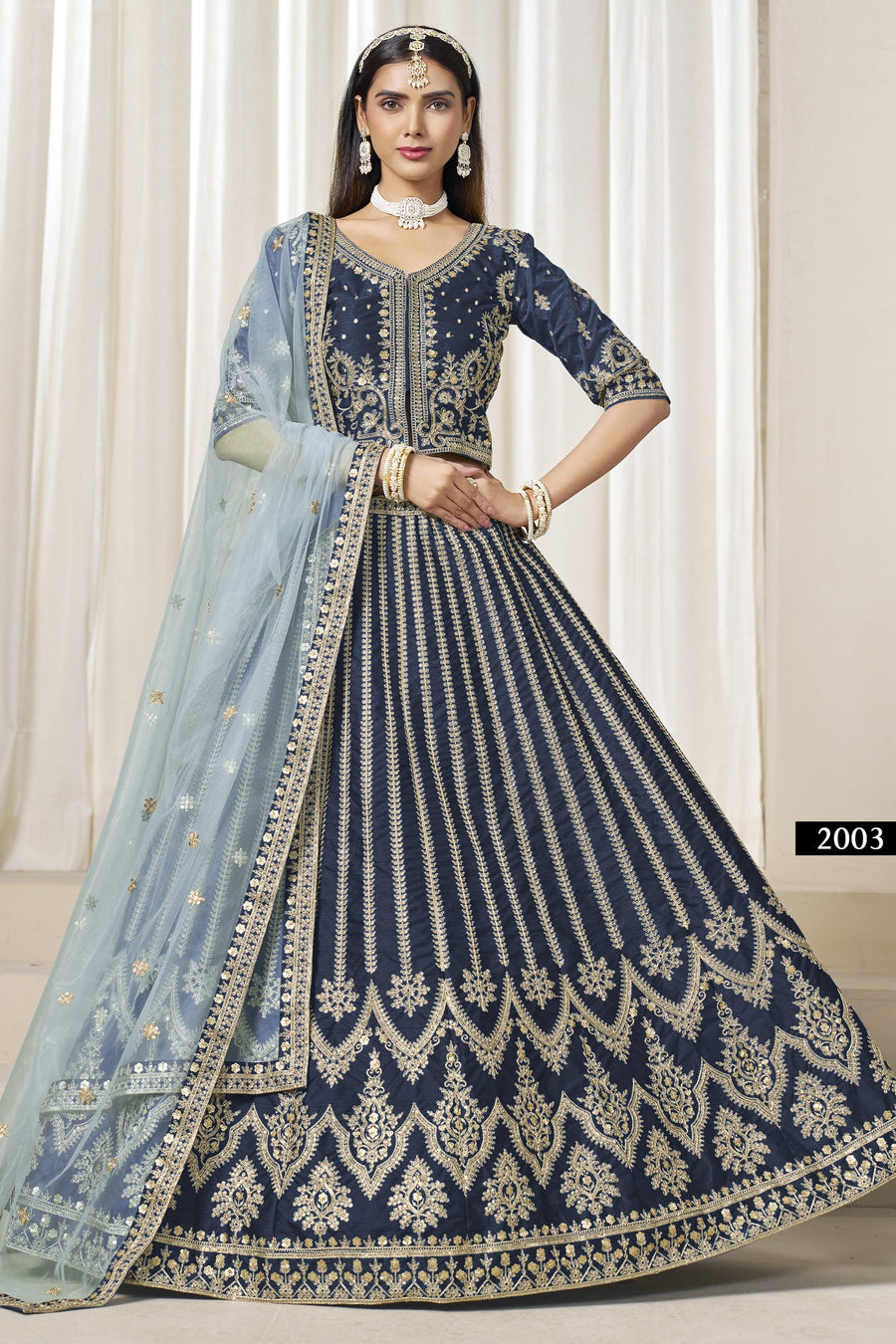 Navy Blue Art Silk Lehenga Choli For Indian & Pakistani Wedding Festival - Thread Embroidery Work, Embroidery Work
