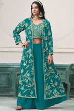 Teal Georgette Palazzo with Choli & Jacket For Wedding & Indian Festival - Embroidery Work