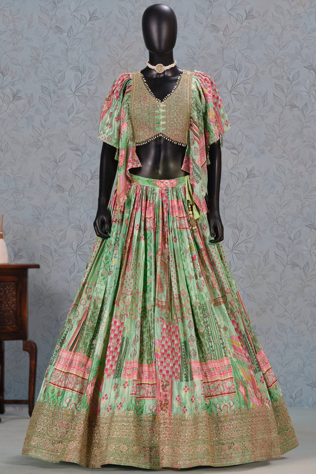 Green Chinon Silk Lehenga Choli For Indian & Pakistani Wedding Festival - Print Work, Dori Work, Zari Work