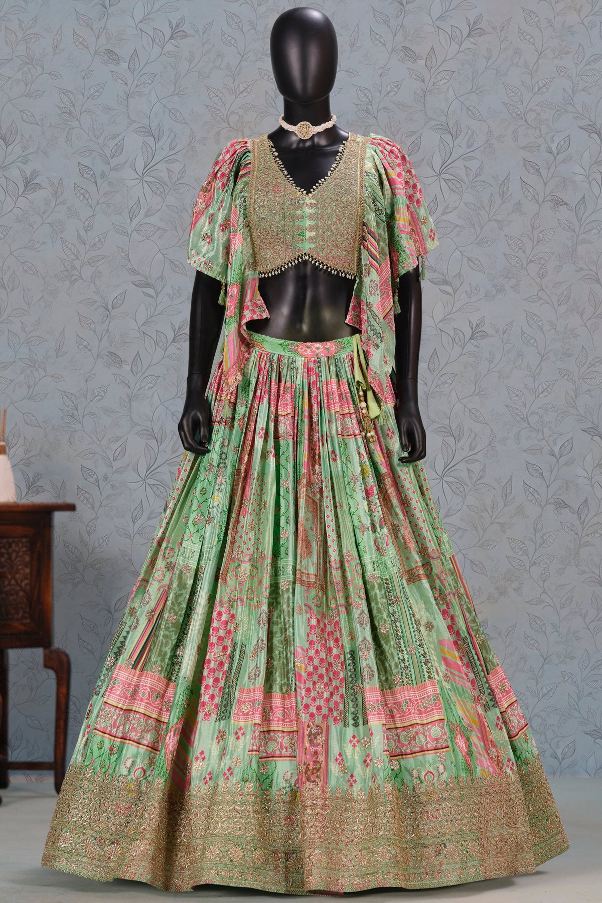 Green Chinon Silk Lehenga Choli For Indian & Pakistani Wedding Festival - Print Work, Dori Work, Zari Work