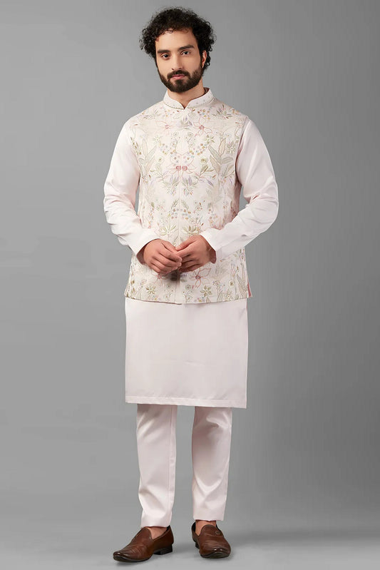 Light Pink Silk Men's Wedding Suit Waistcoat with Kurta & Pant - Embroidery Work