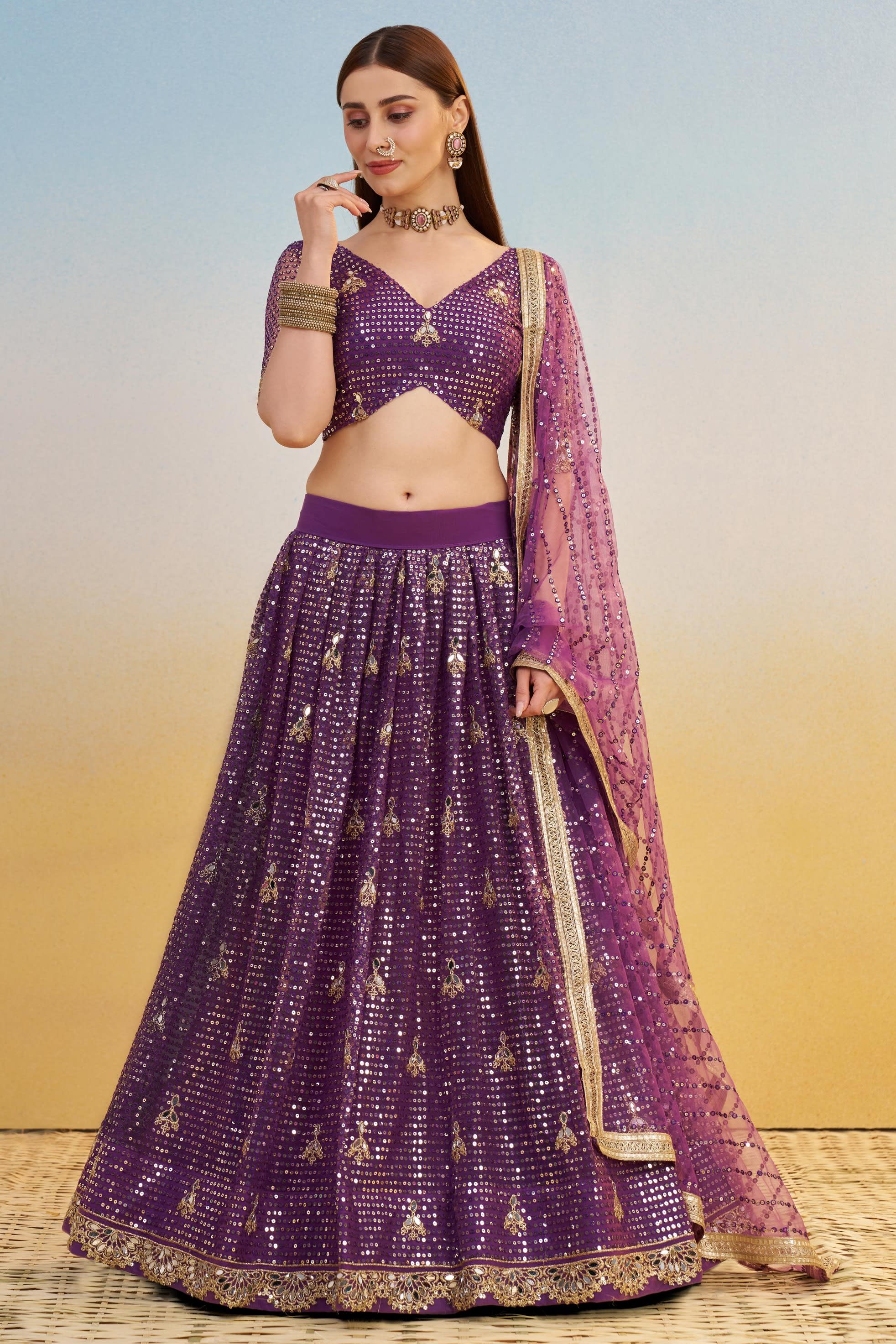 Purple Net Lehenga Choli For Indian & Pakistani Wedding Festival - Thread & Sequins Embroidery Work, Real Mirror Work