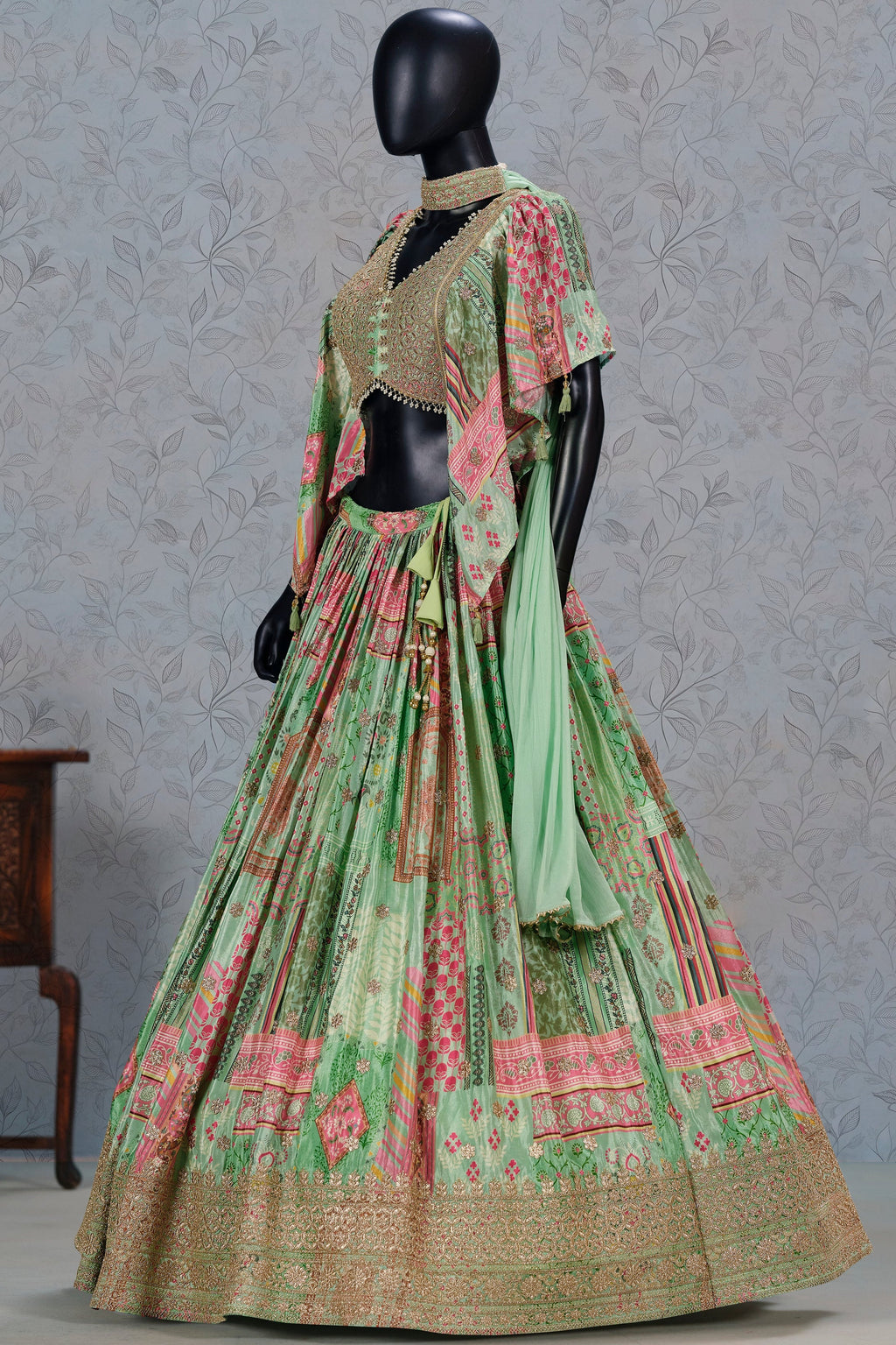 Green Chinon Silk Lehenga Choli For Indian & Pakistani Wedding Festival - Print Work, Dori Work, Zari Work