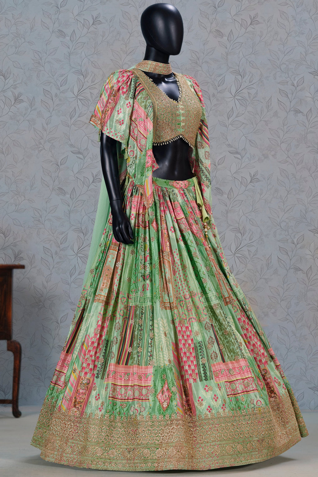 Green Chinon Silk Lehenga Choli For Indian & Pakistani Wedding Festival - Print Work, Dori Work, Zari Work