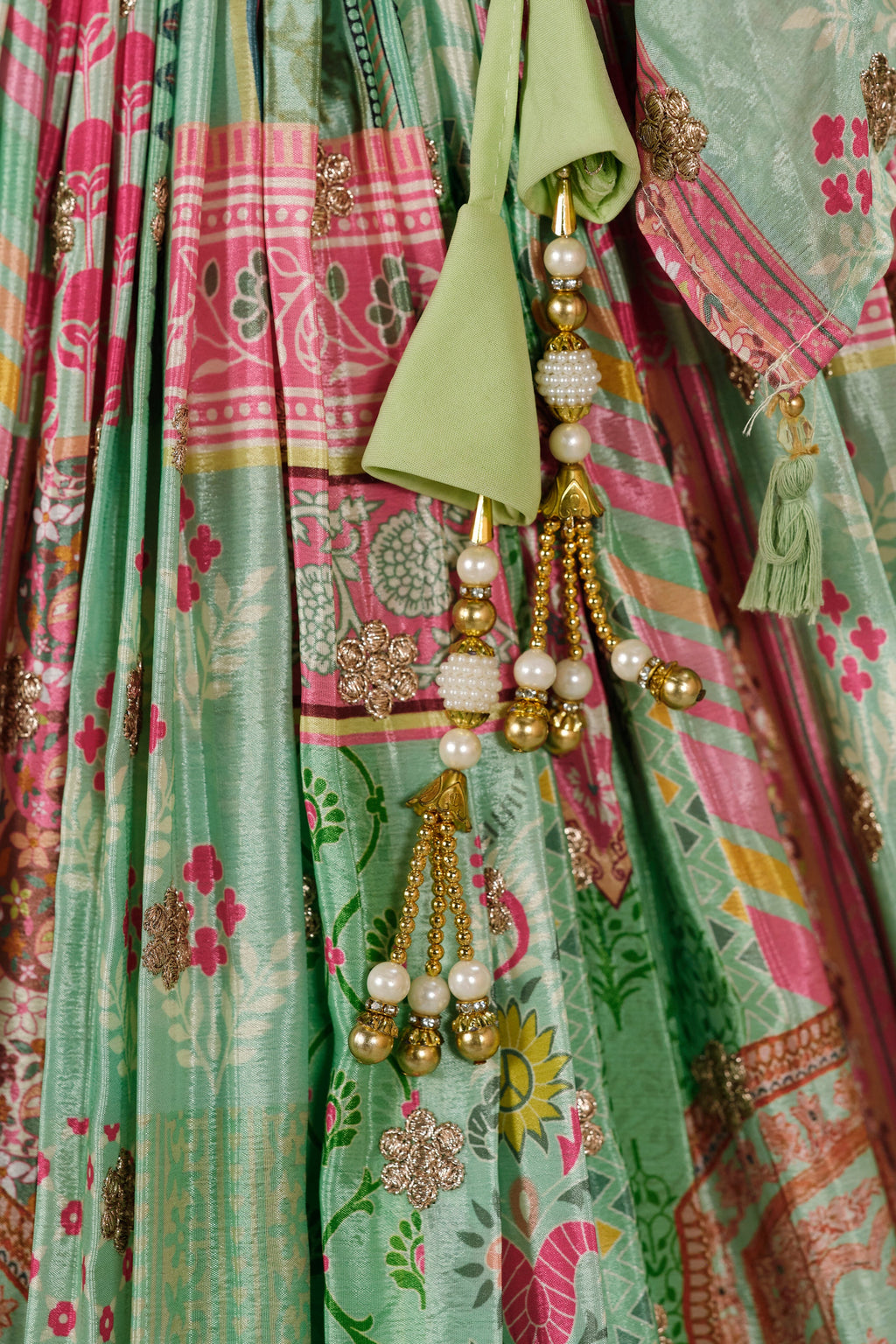 Green Chinon Silk Lehenga Choli For Indian & Pakistani Wedding Festival - Print Work, Dori Work, Zari Work
