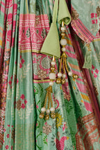 Green Chinon Silk Lehenga Choli For Indian & Pakistani Wedding Festival - Print Work, Dori Work, Zari Work