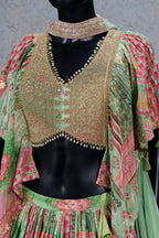 Green Chinon Silk Lehenga Choli For Indian & Pakistani Wedding Festival - Print Work, Dori Work, Zari Work