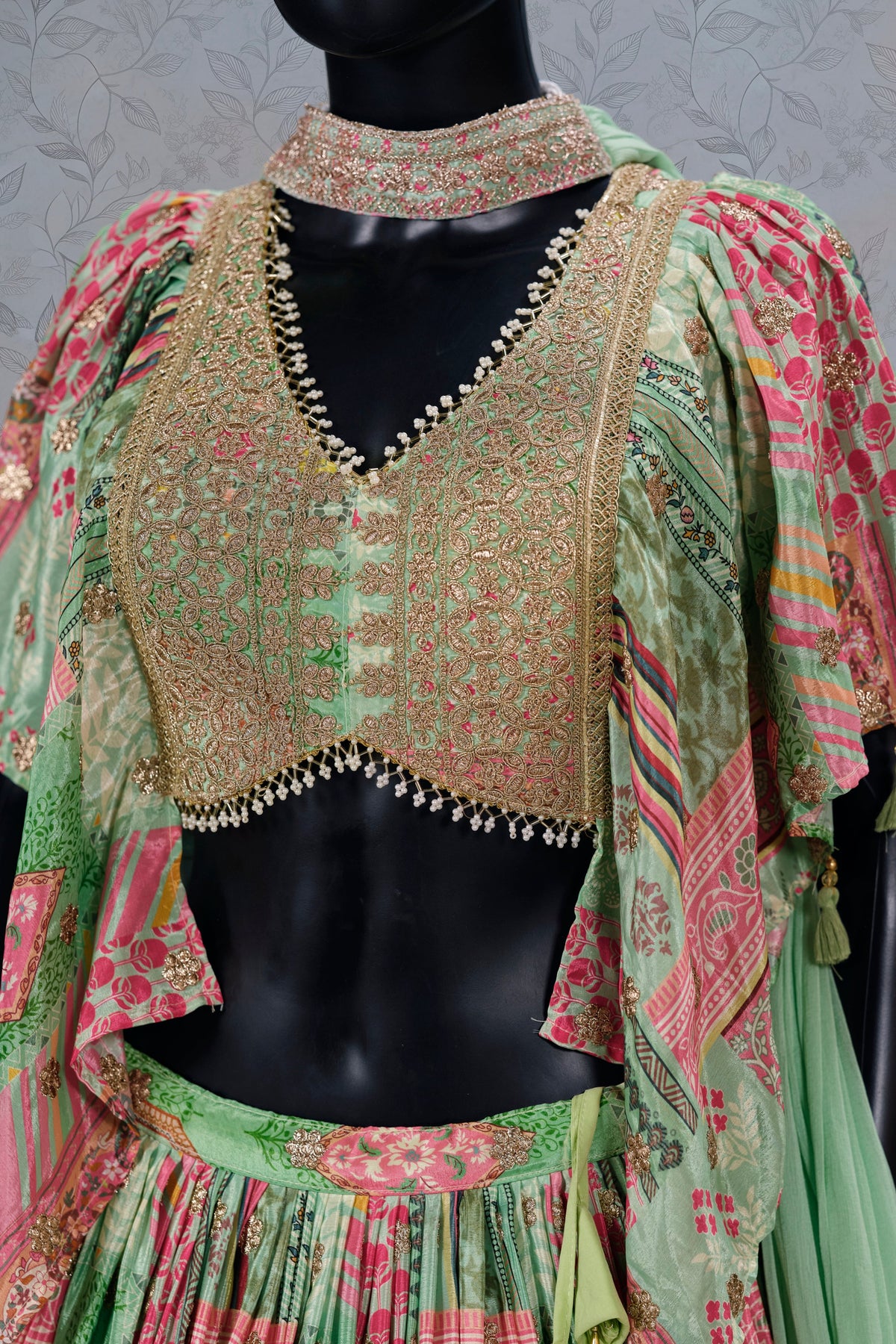 Green Chinon Silk Lehenga Choli For Indian & Pakistani Wedding Festival - Print Work, Dori Work, Zari Work
