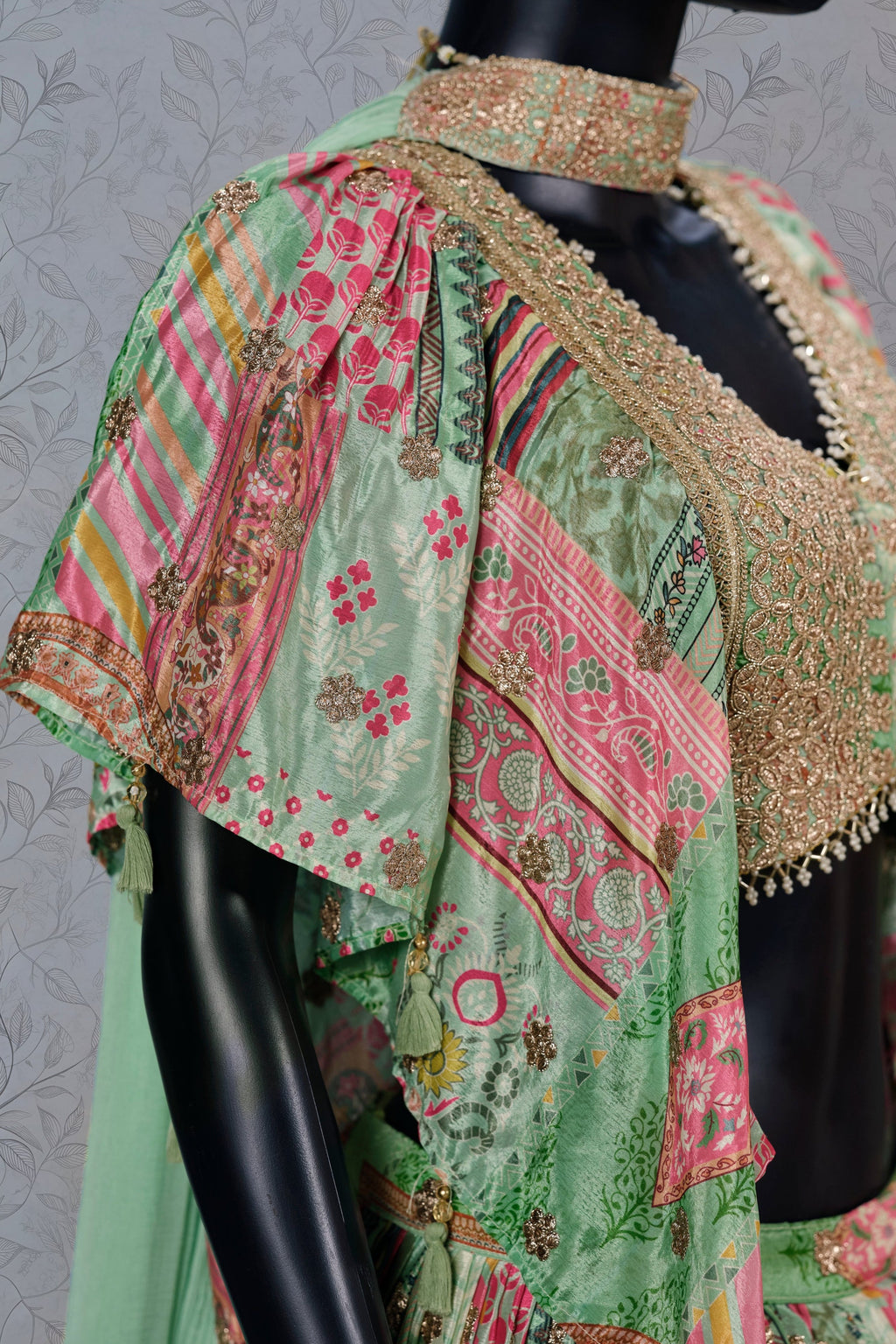 Green Chinon Silk Lehenga Choli For Indian & Pakistani Wedding Festival - Print Work, Dori Work, Zari Work