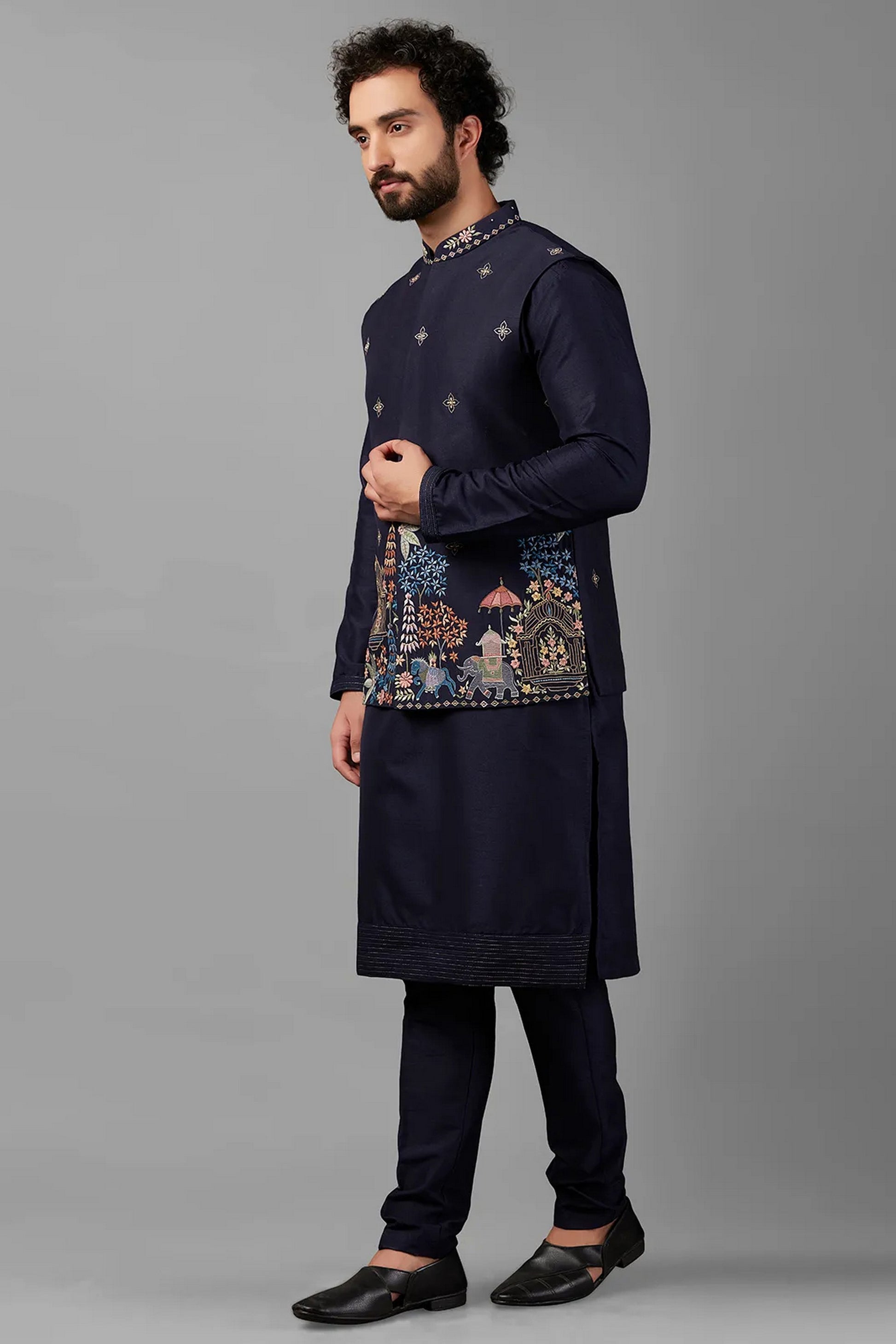 Navy Blue Polyester Silk Men's Wedding Suit Waistcoat, Kurta with Pant - Embroidery Work