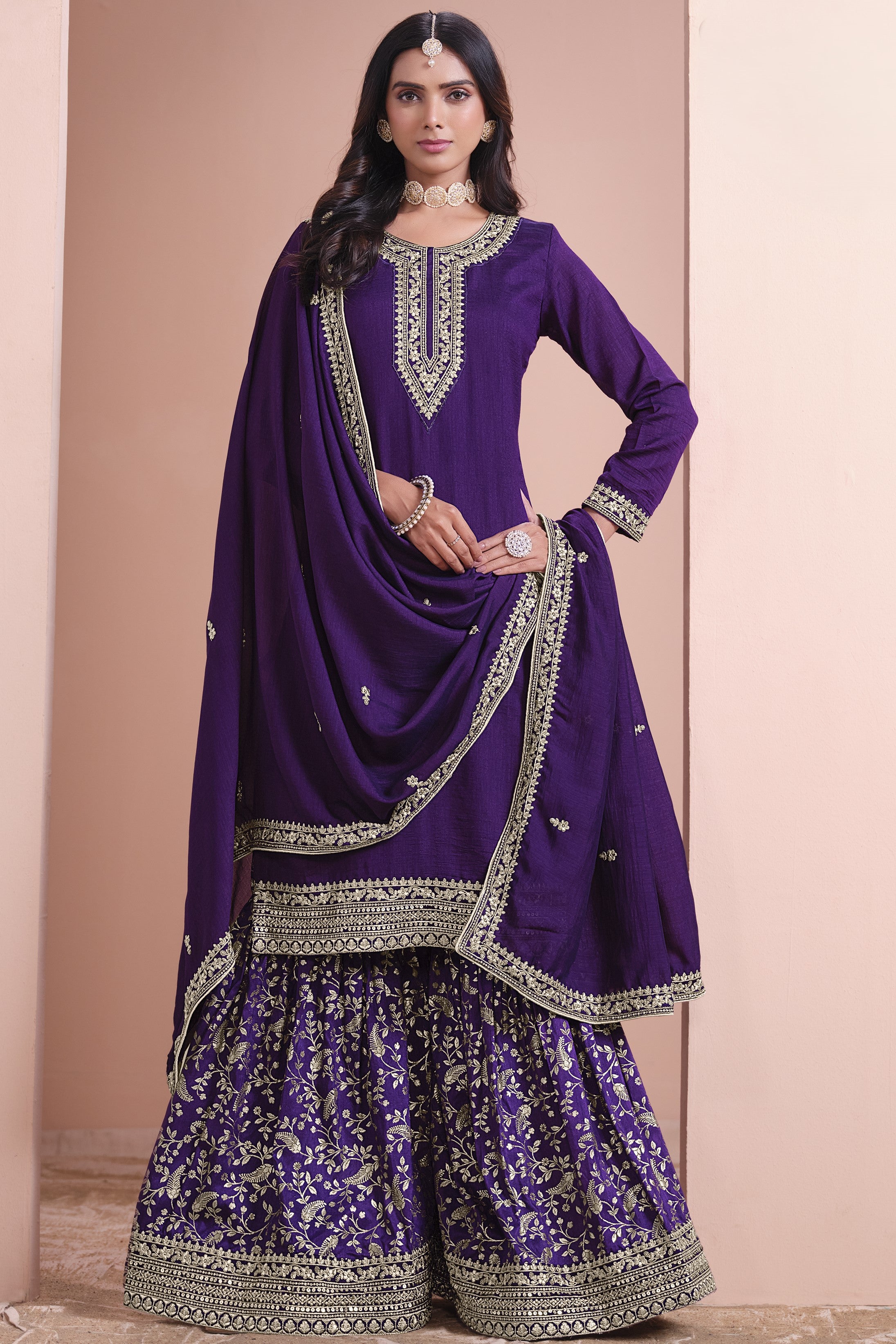Dark Purple Art Silk Palazzo Suit For Indian Wedding & Pakistani Festival - Embroidery Work
