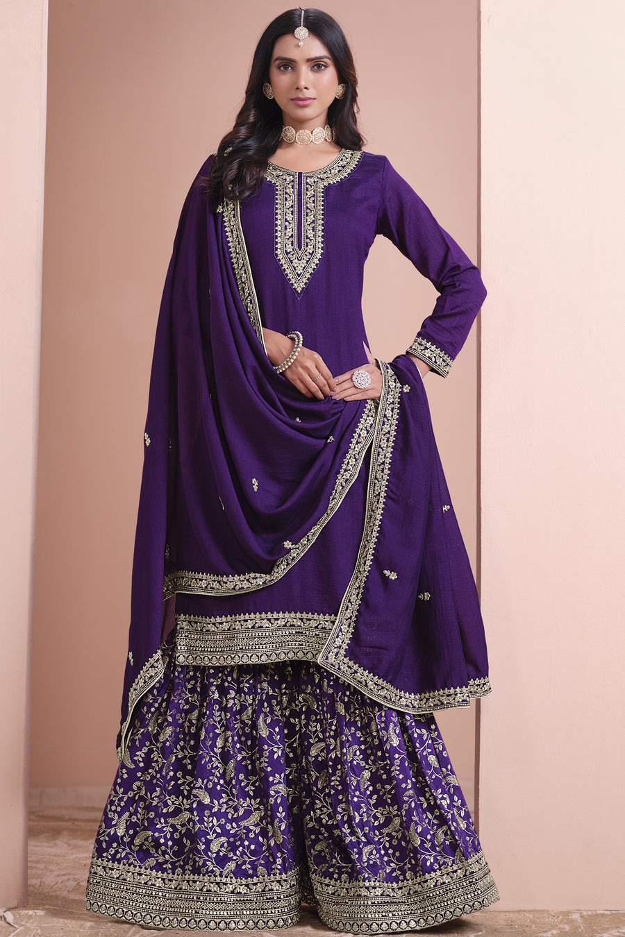 Dark Purple Art Silk Palazzo Suit For Indian Wedding & Pakistani Festival - Embroidery Work