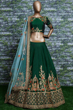 Dark Green Ghagra Choli for Ladies in Taffeta Satin Silk with Dori, Zari Work & Sequin