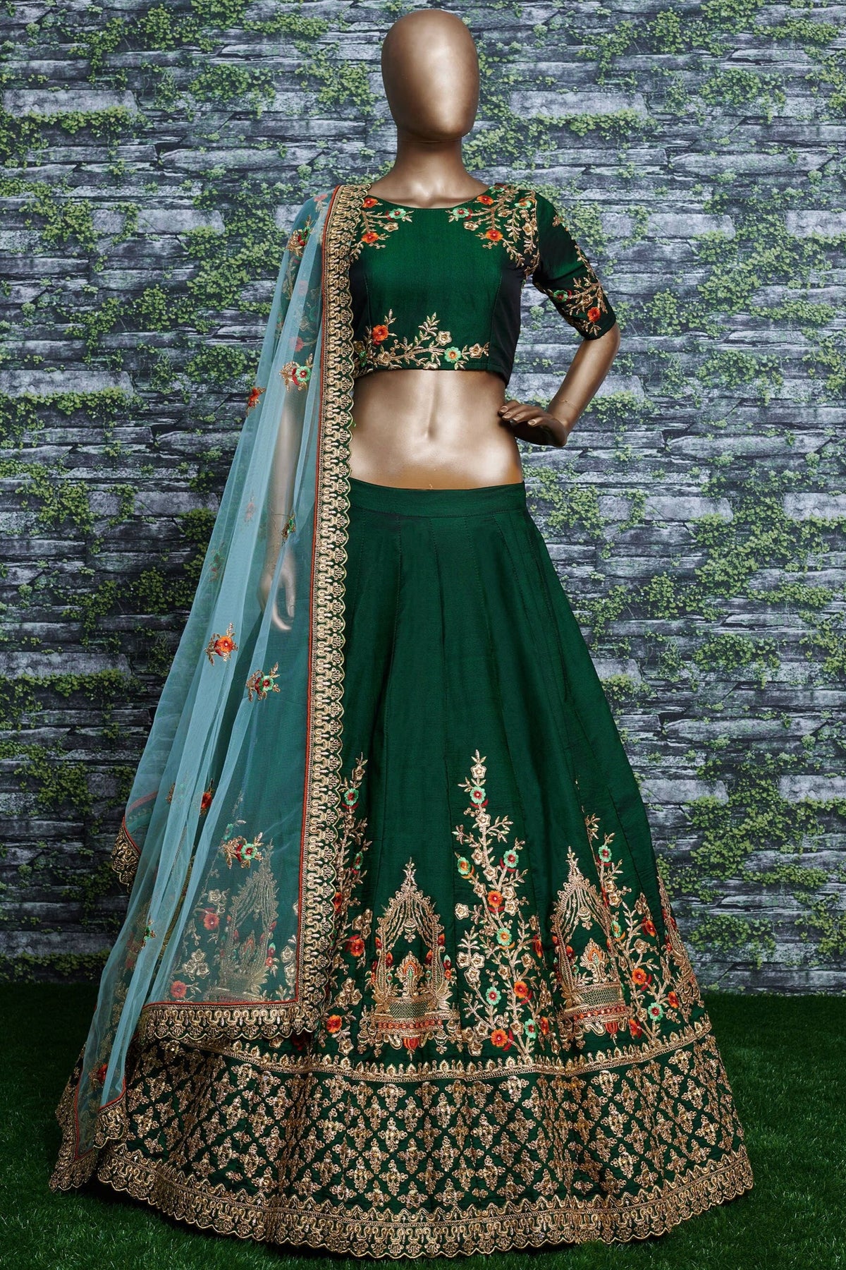 Dark Green Ghagra Choli for Ladies in Taffeta Satin Silk with Dori, Zari Work & Sequin