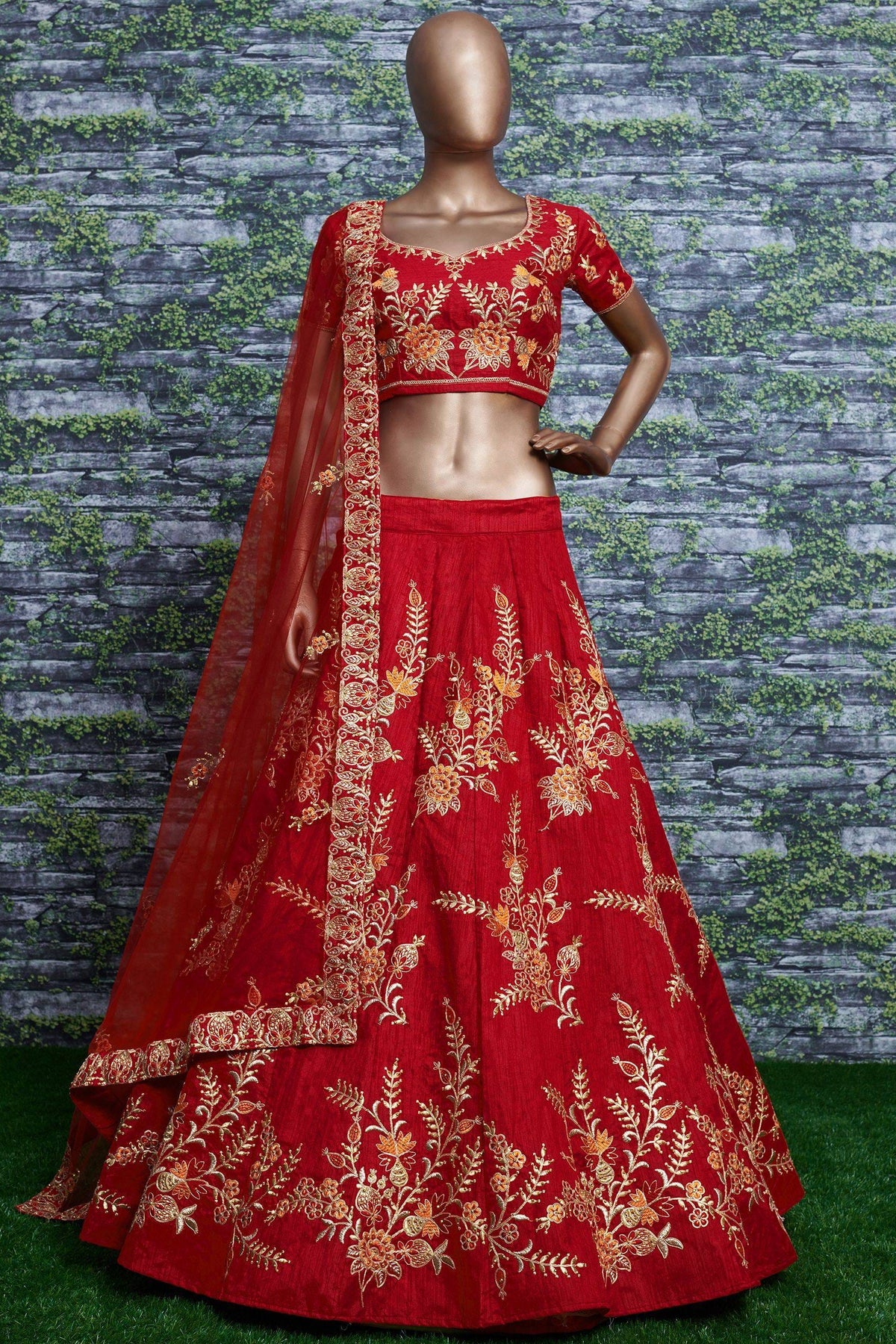 Red Ghagra Choli for Ladies in Slub Silk with Dori, Zari Work & Sequin